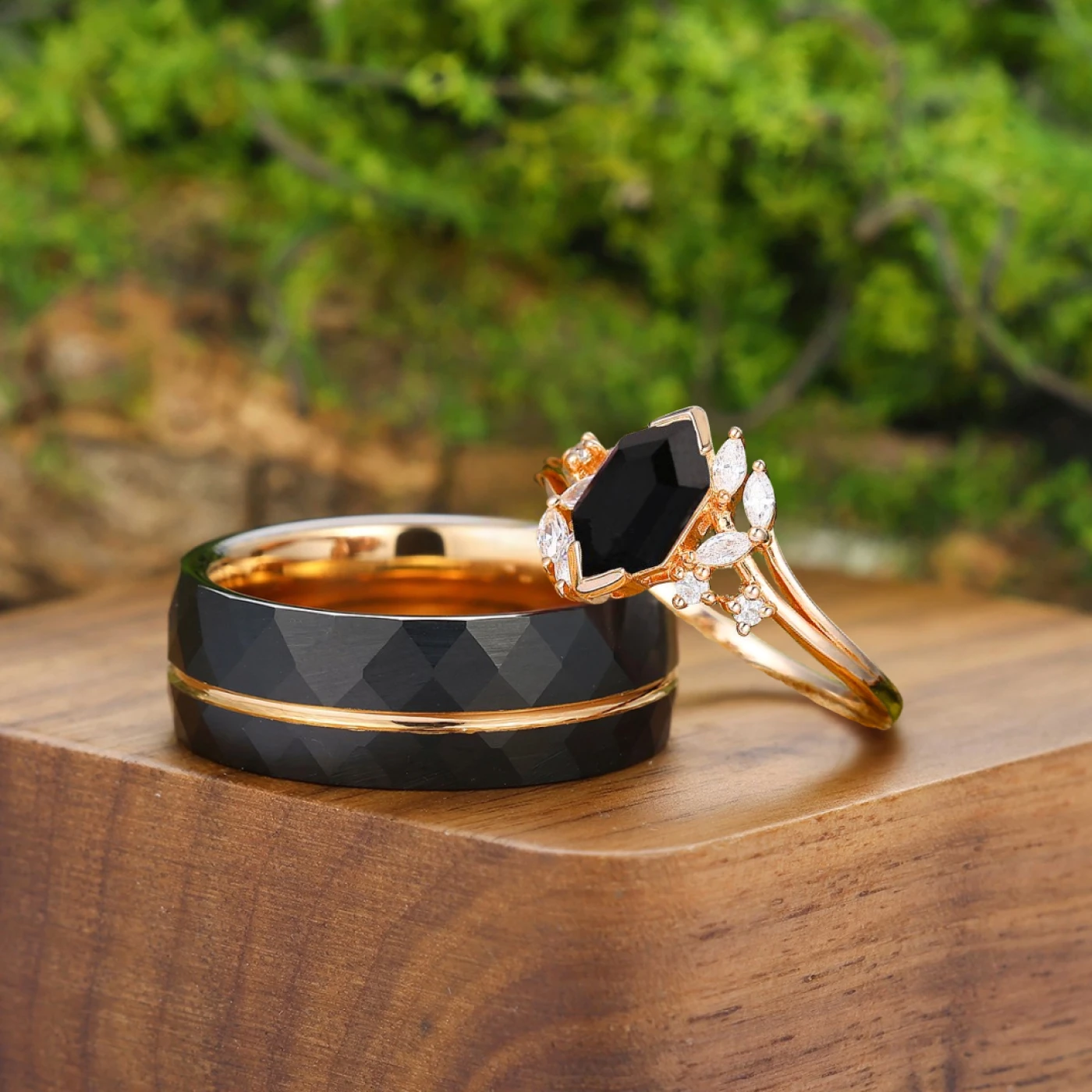 Exquisite Natural Black Onyx Cluster Engagement Couple Rings Matching Stylish Hammered Tungsten His And Hers Wedding Rings - view 2
