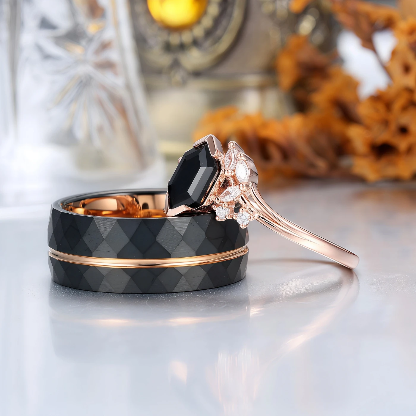 Exquisite Natural Black Onyx Cluster Engagement Couple Rings Matching Stylish Hammered Tungsten His And Hers Wedding Rings - view 9