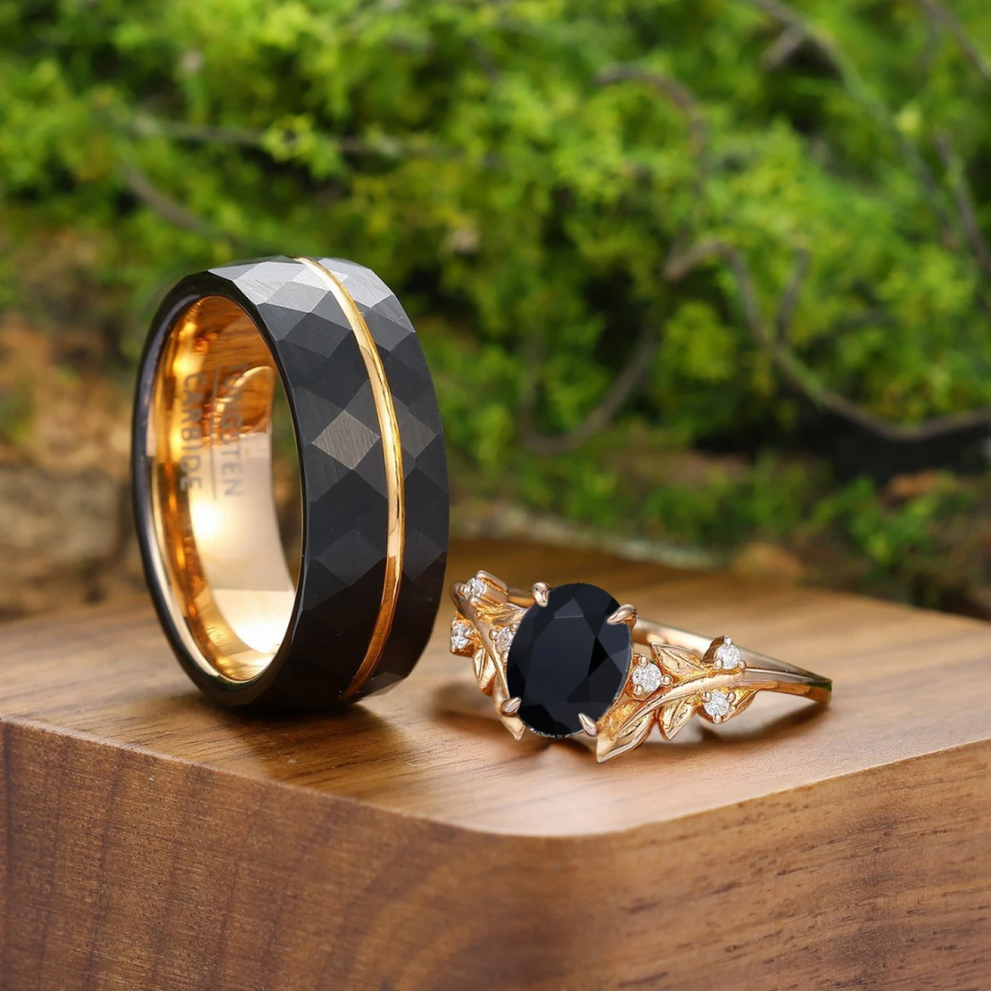 Art Deco Black Onyx Blade Engagement Couple Rings Promise Hammered Tungsten Wedding Bands For Men And Women - view 3