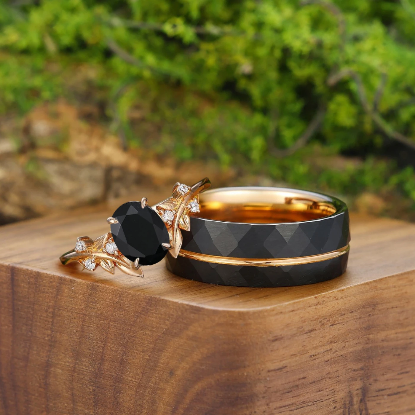 Art Deco Black Onyx Blade Engagement Couple Rings Promise
