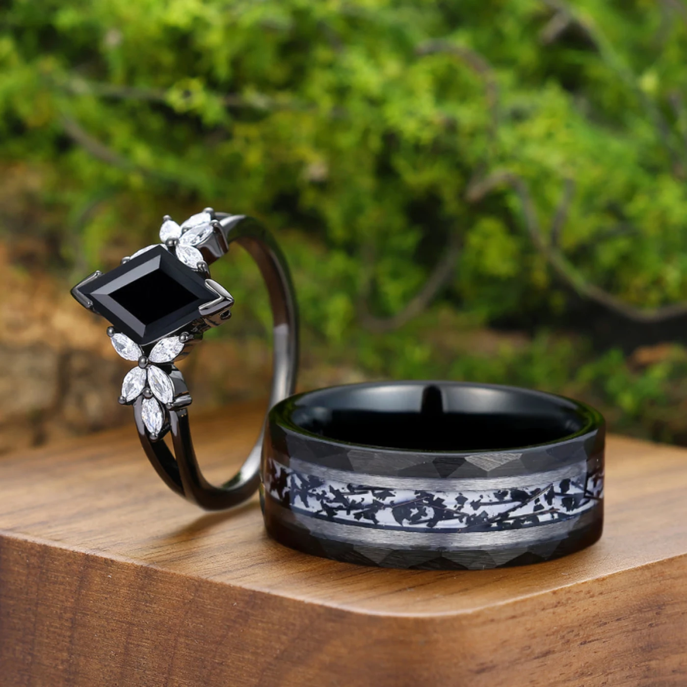 Stylish Black Onyx Deco Milgrain Moissanite Floral Couple Rings Matching Black Rutilated Quartz Inlay Tungsten Marriage Ring - view 4