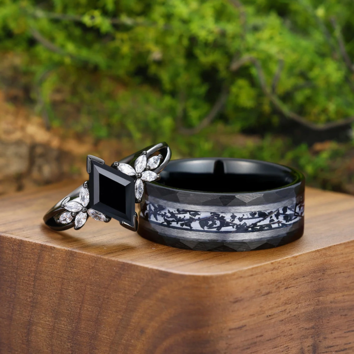 Stylish Black Onyx Deco Milgrain Moissanite Floral Couple Rings
