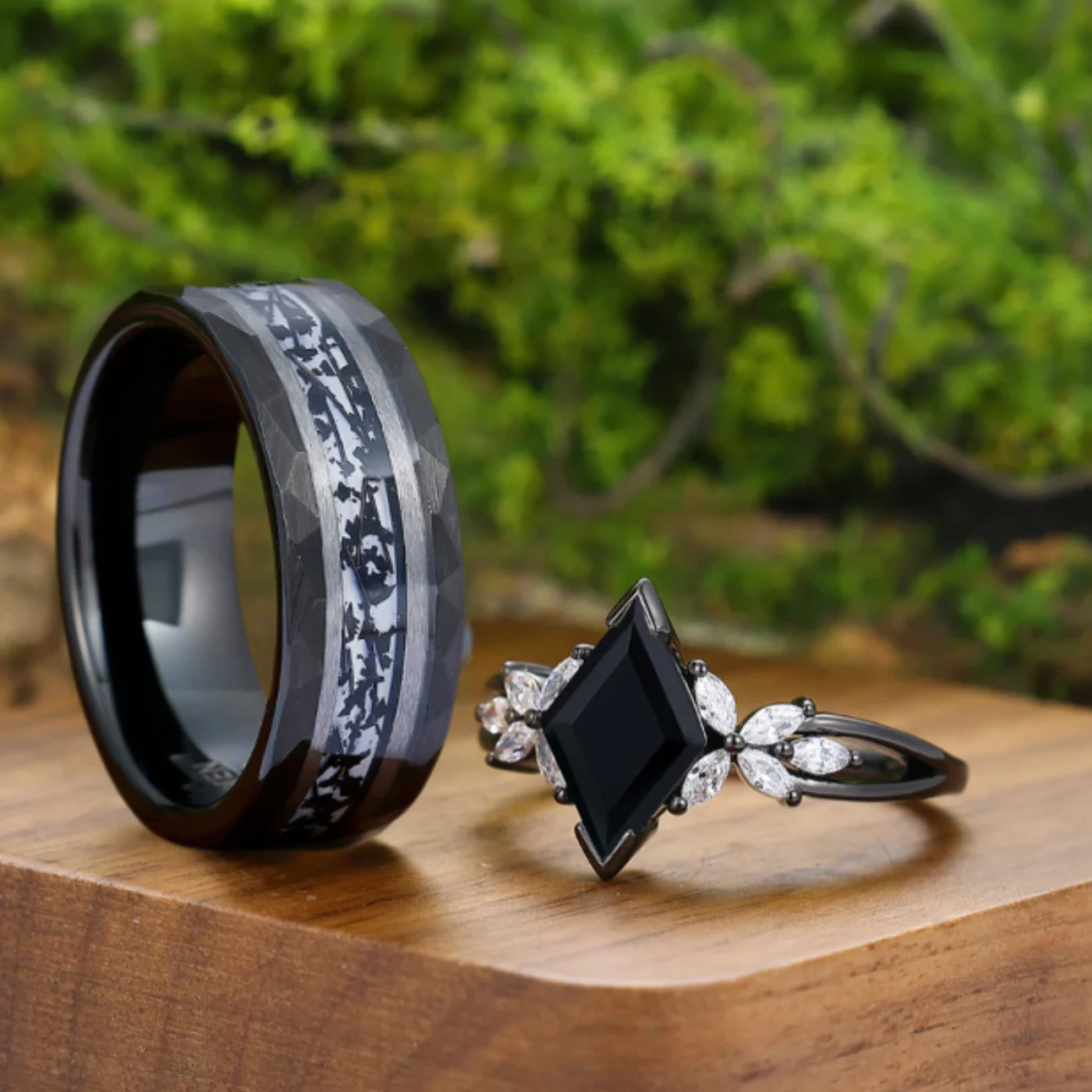Stylish Black Onyx Deco Milgrain Moissanite Floral Couple Rings Matching Black Rutilated Quartz Inlay Tungsten Marriage Ring - view 2
