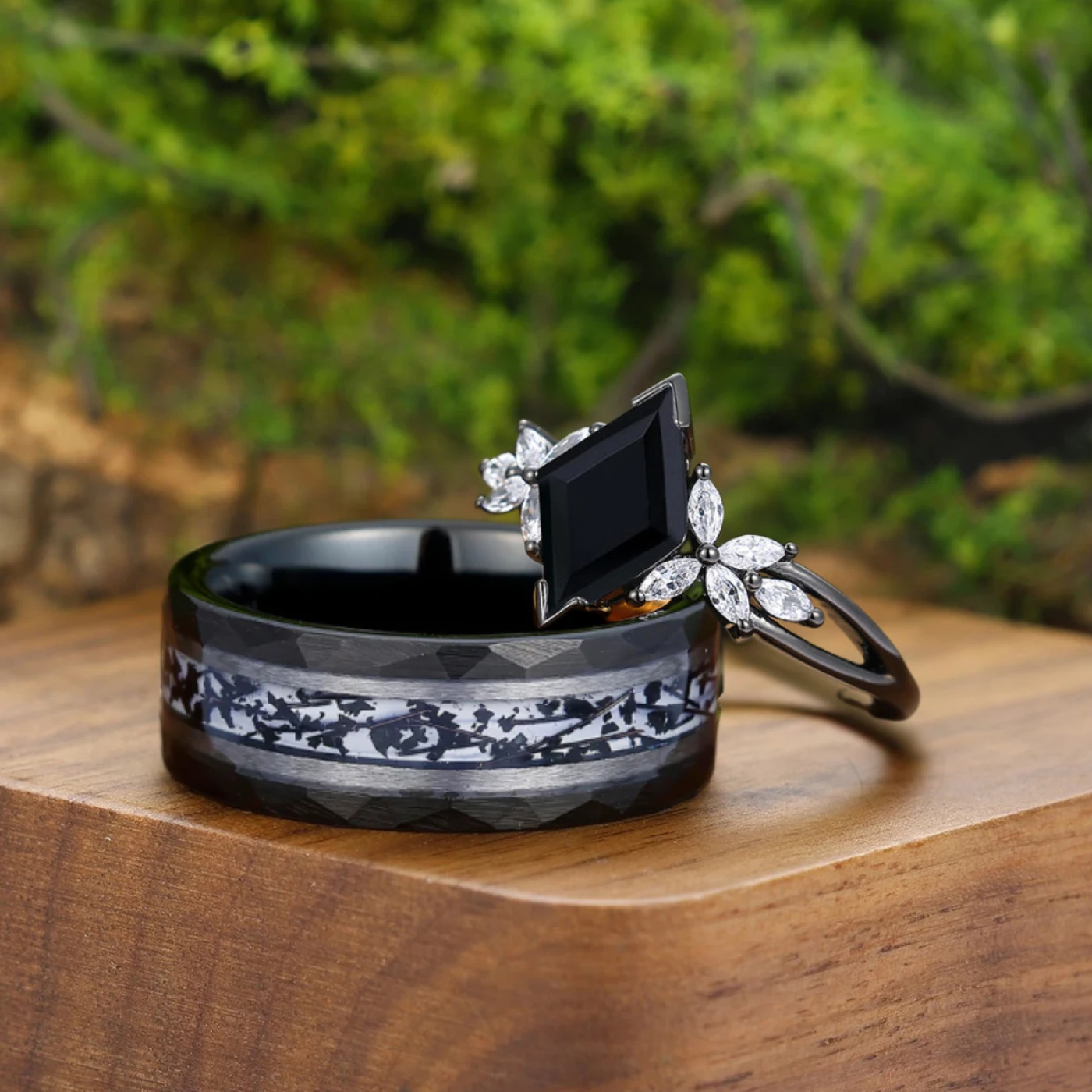 Stylish Black Onyx Deco Milgrain Moissanite Floral Couple Rings Matching Black Rutilated Quartz Inlay Tungsten Marriage Ring - view 3
