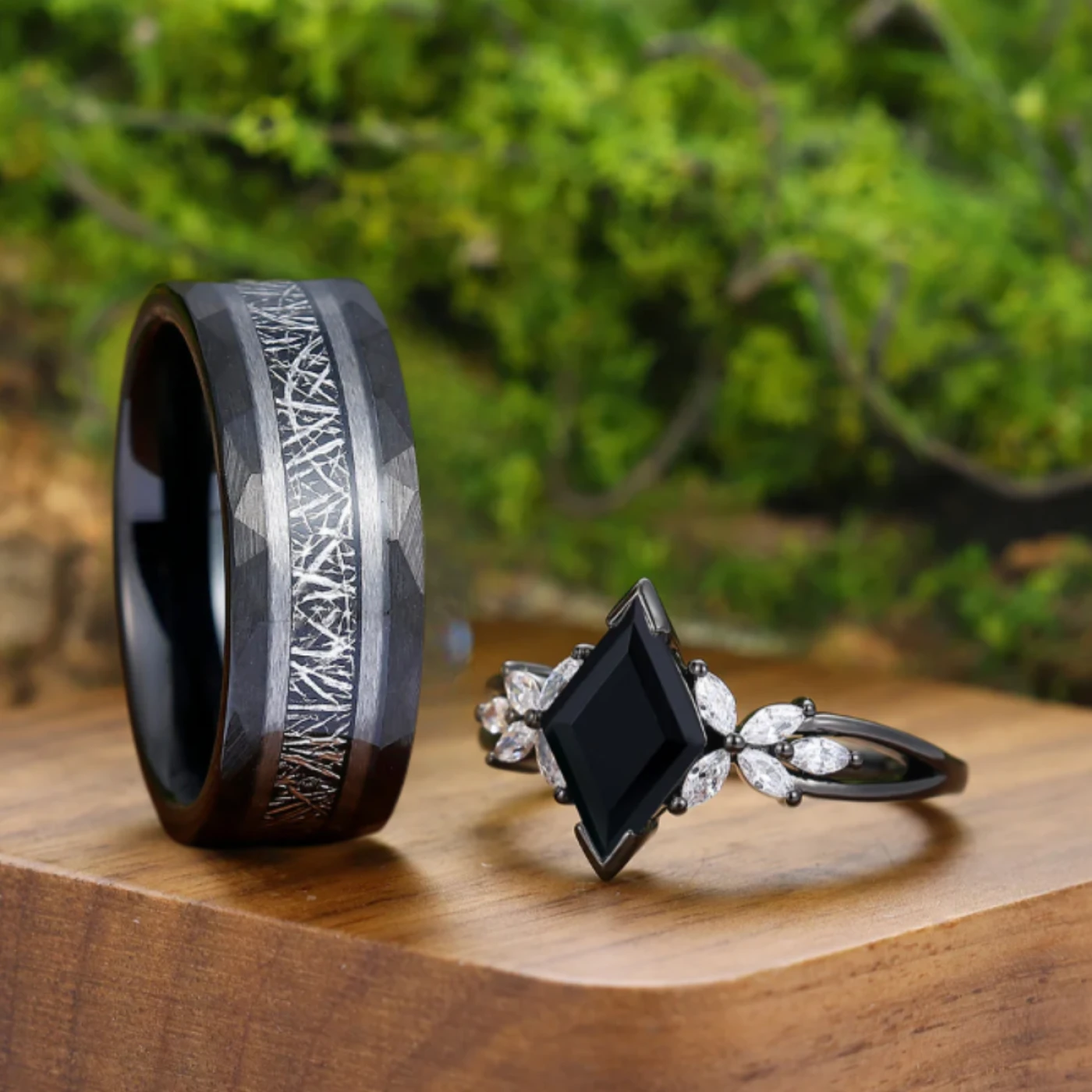 Personalized Black Onyx Cluster Hollow Engagement Couple Rings