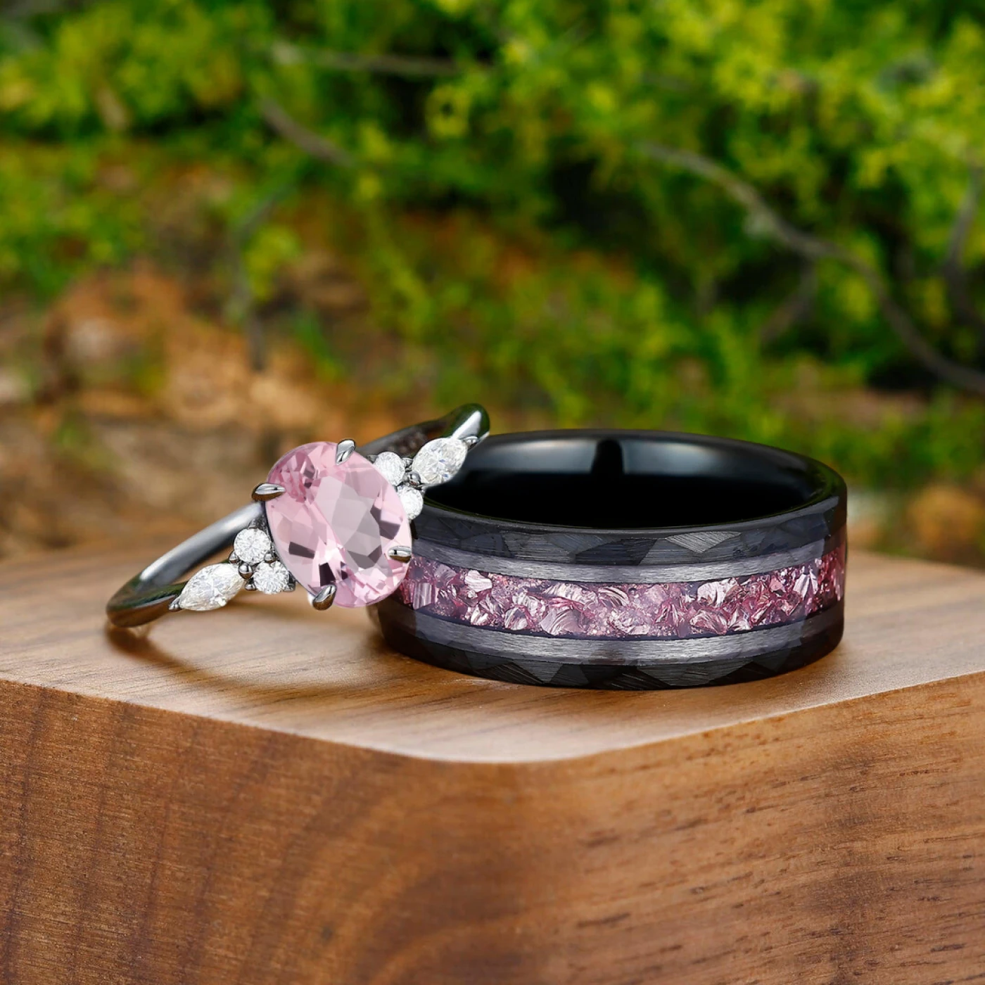 Artsy Pink Morganite Prongs Engagement Couple Rings Matching
