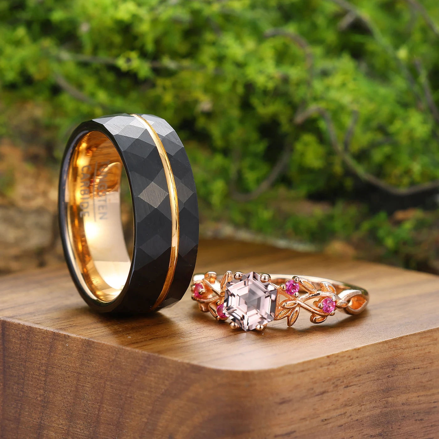 Dainty Branches Pink Morganite Engagement Couple Rings Stylish Matching Tungsten His And Hers Marriage Bands - view 4