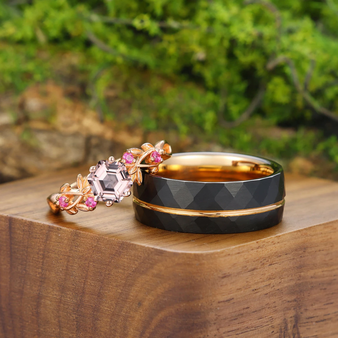 Dainty Branches Pink Morganite Engagement Couple Rings Stylish Matching Tungsten His And Hers Marriage Bands - view 2