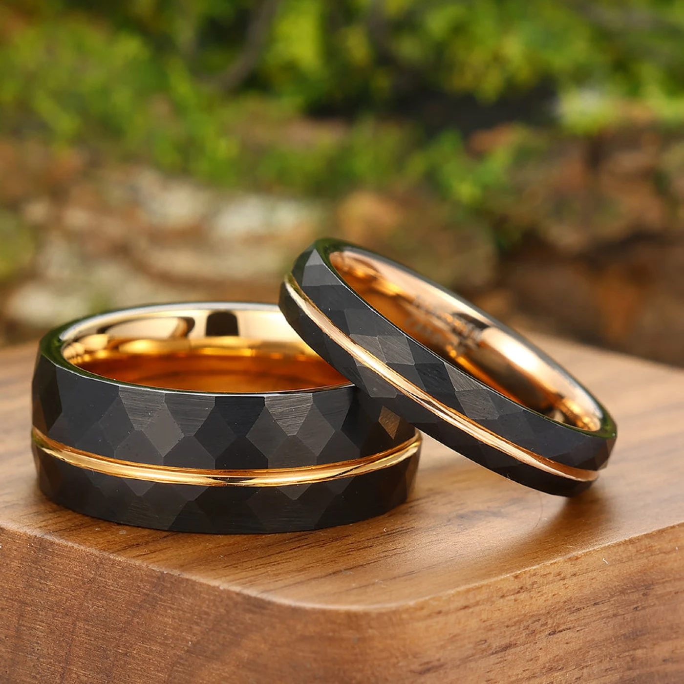 Simple 8mm/4mm Black Grooved Rhombic Rose Gold Couple Rings