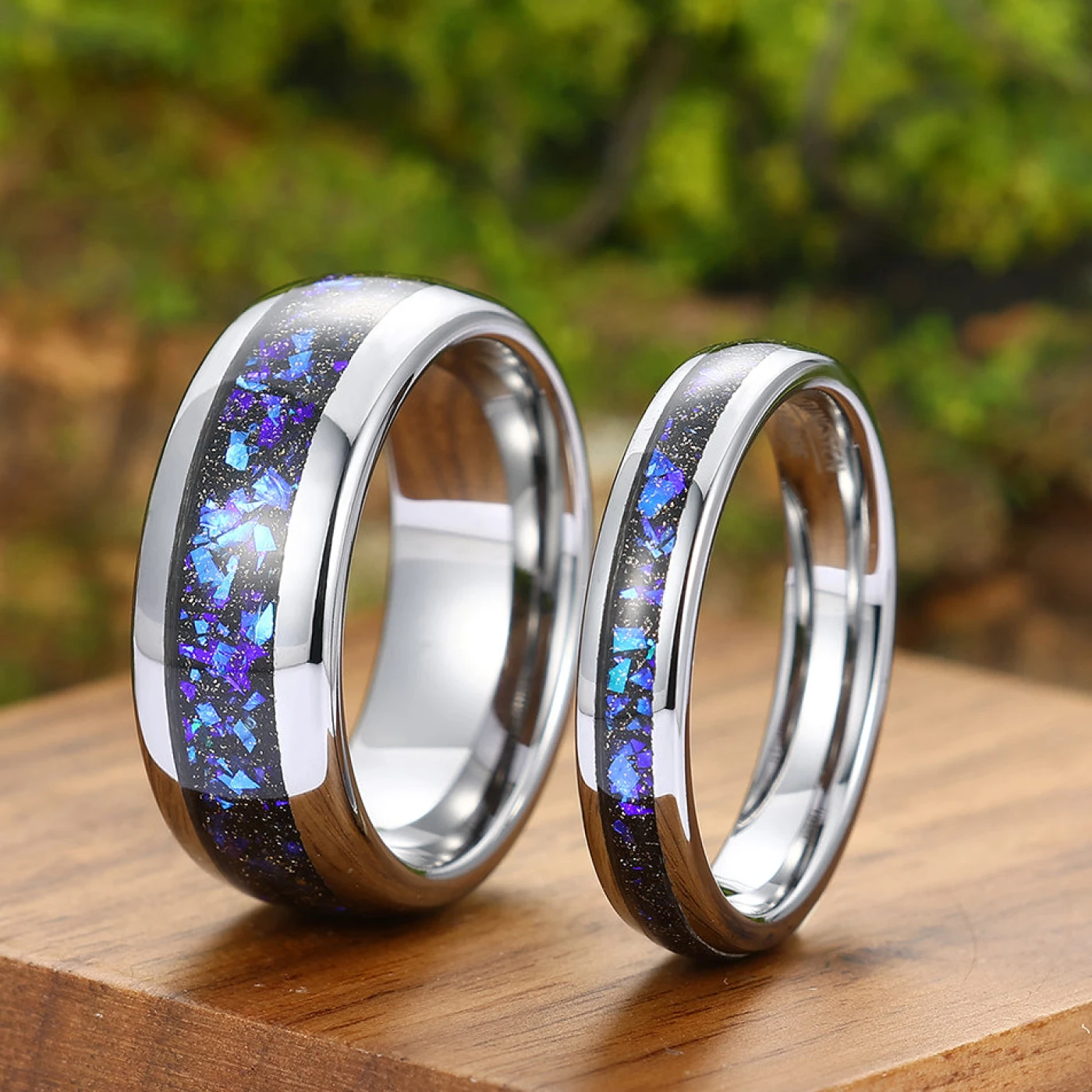 Crushed Galaxy Sandstone Tungsten Matching Promise Rings His and Hers Tungsten Wedding Band Unsex Couple Ring Set - view 3