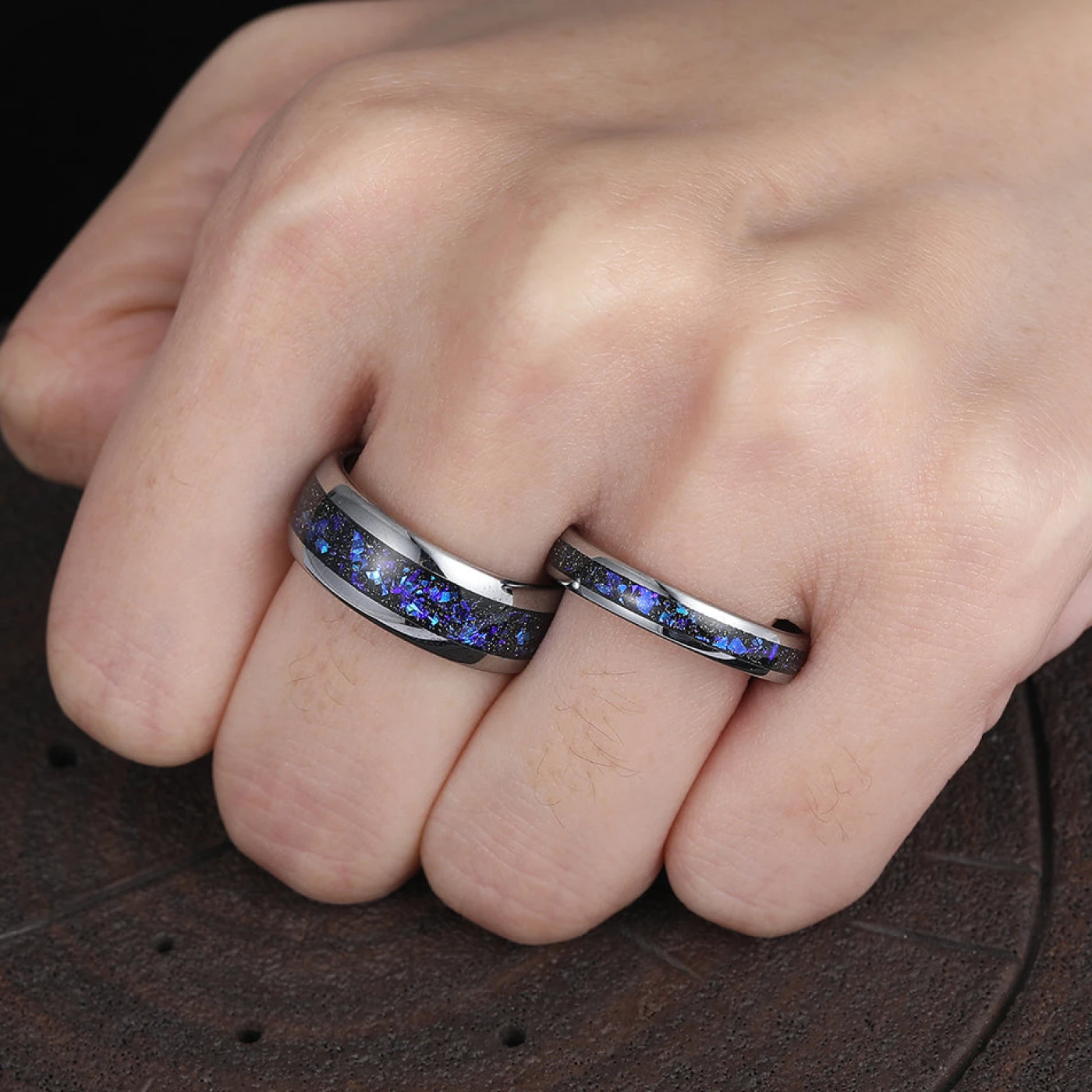 Crushed Galaxy Sandstone Tungsten Matching Promise Rings His and Hers Tungsten Wedding Band Unsex Couple Ring Set - view 11
