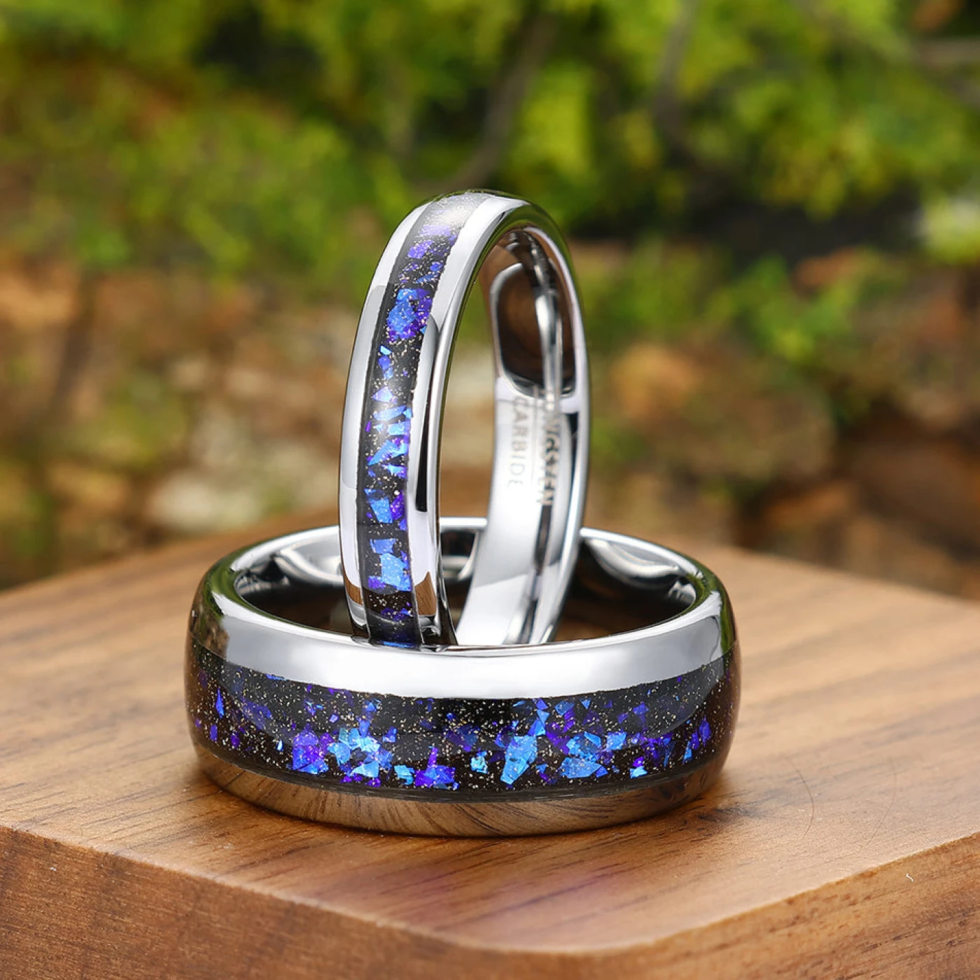 Crushed Galaxy Sandstone Tungsten Matching Promise Rings His and Hers Tungsten Wedding Band Unsex Couple Ring Set - view 2