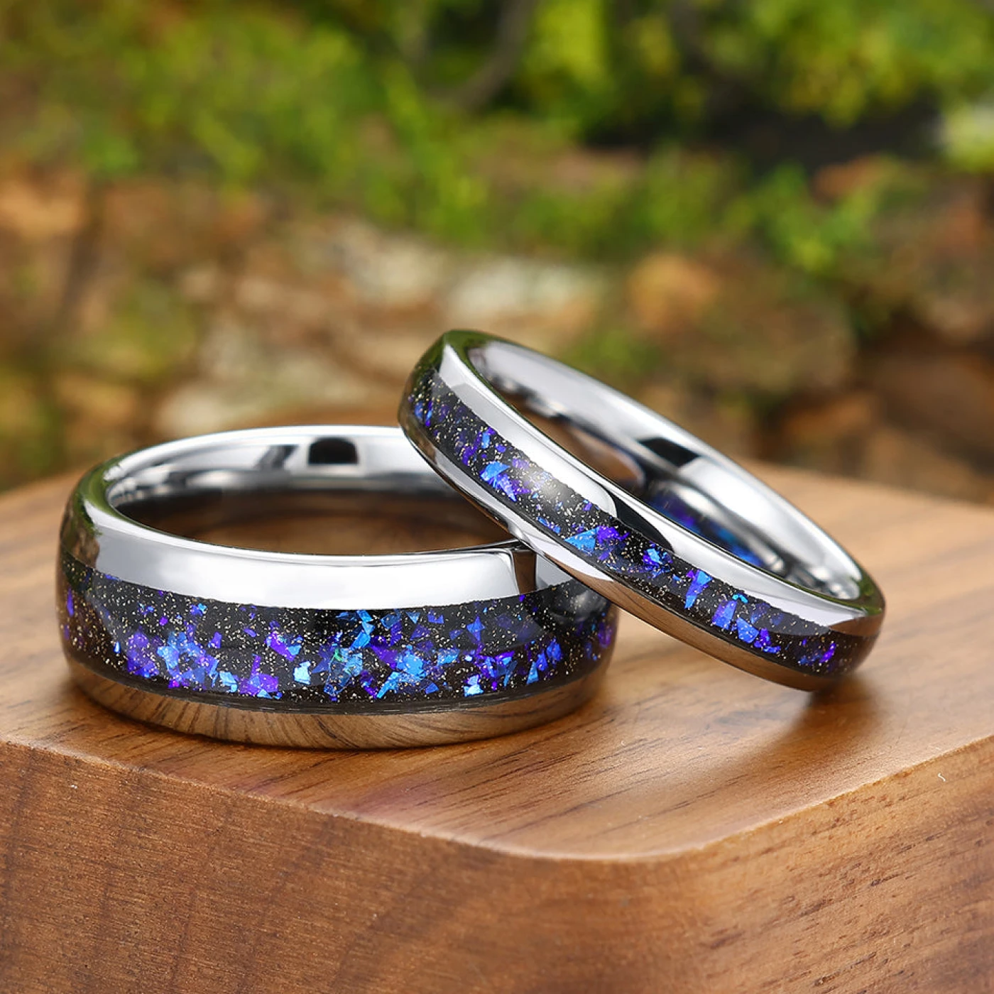 Crushed Galaxy Sandstone Tungsten Matching Promise Rings His and Hers Tungsten Wedding Band Unsex Couple Ring Set - view 1