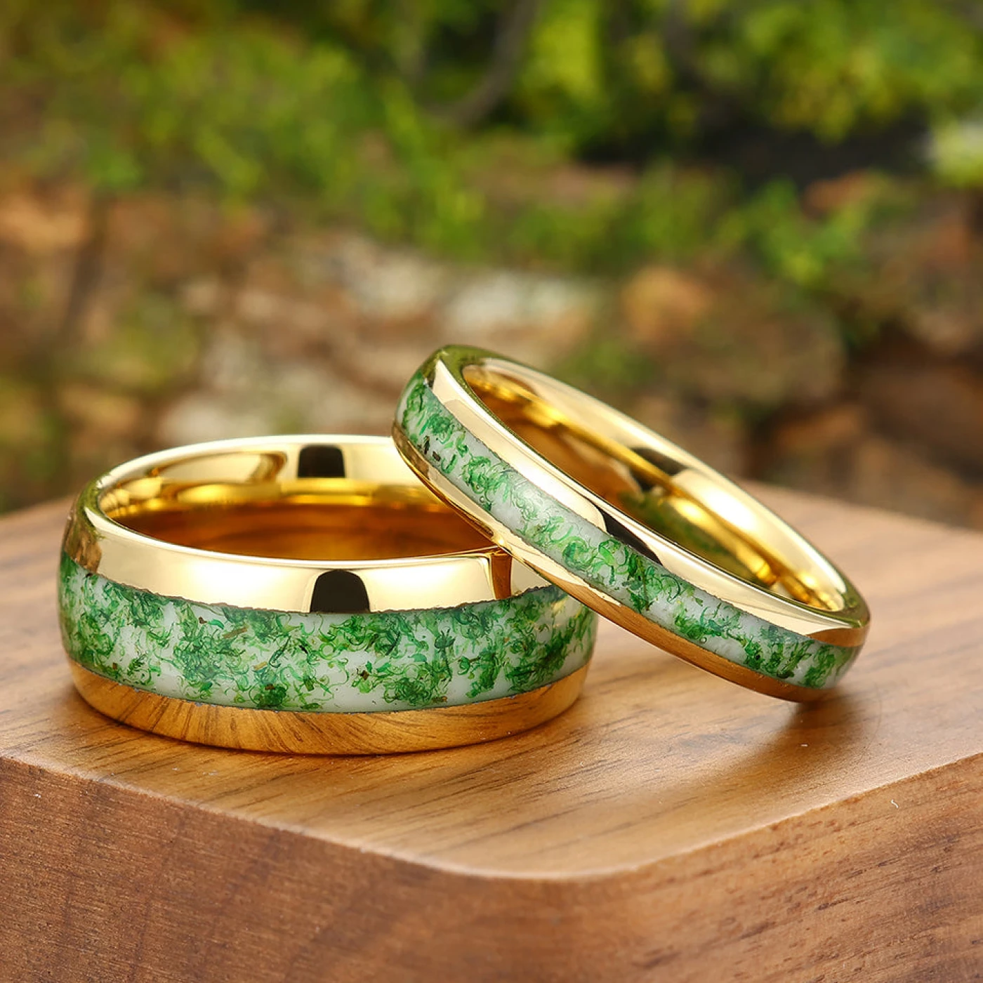 Moss Agate Tungsten Couple Rings His and Hers Wedding Band Yellow