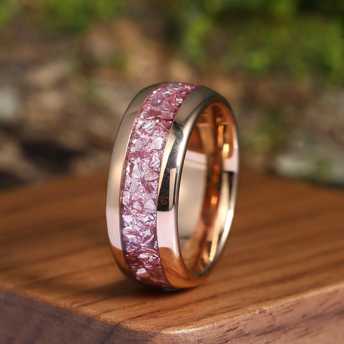 Pink Morganite Rose Gold Tungsten Couples Ring Set Polished Dome Matching Promise Rings - view 6