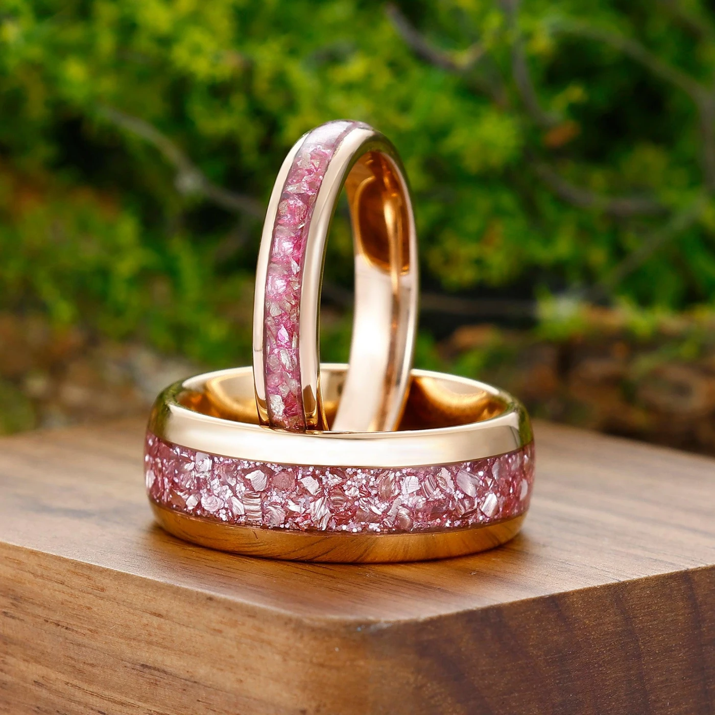 Pink Morganite Rose Gold Tungsten Couples Ring Set Polished Dome Matching Promise Rings - view 4