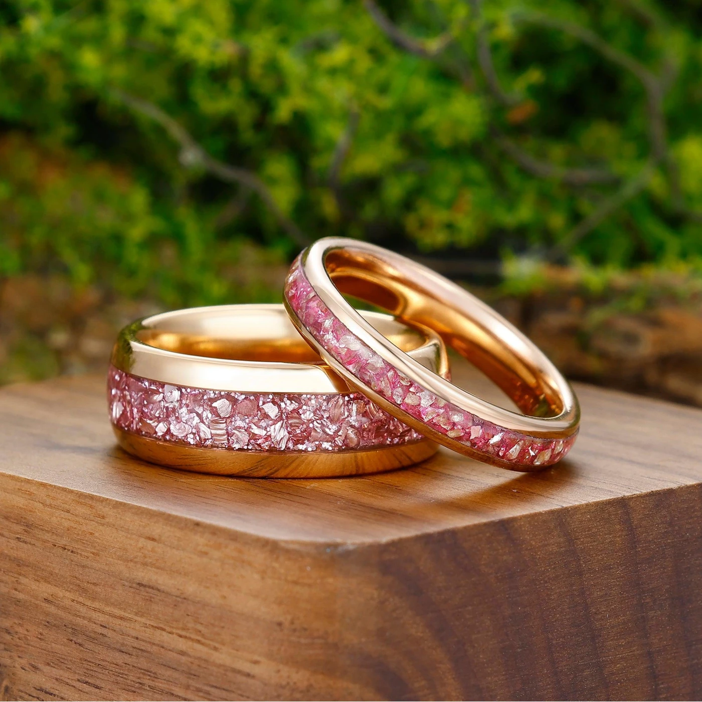 Pink Morganite Rose Gold Tungsten Couples Ring Set Polished Dome