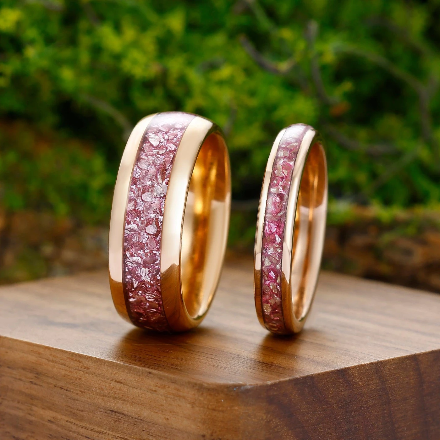Pink Morganite Rose Gold Tungsten Couples Ring Set Polished Dome Matching Promise Rings - view 3