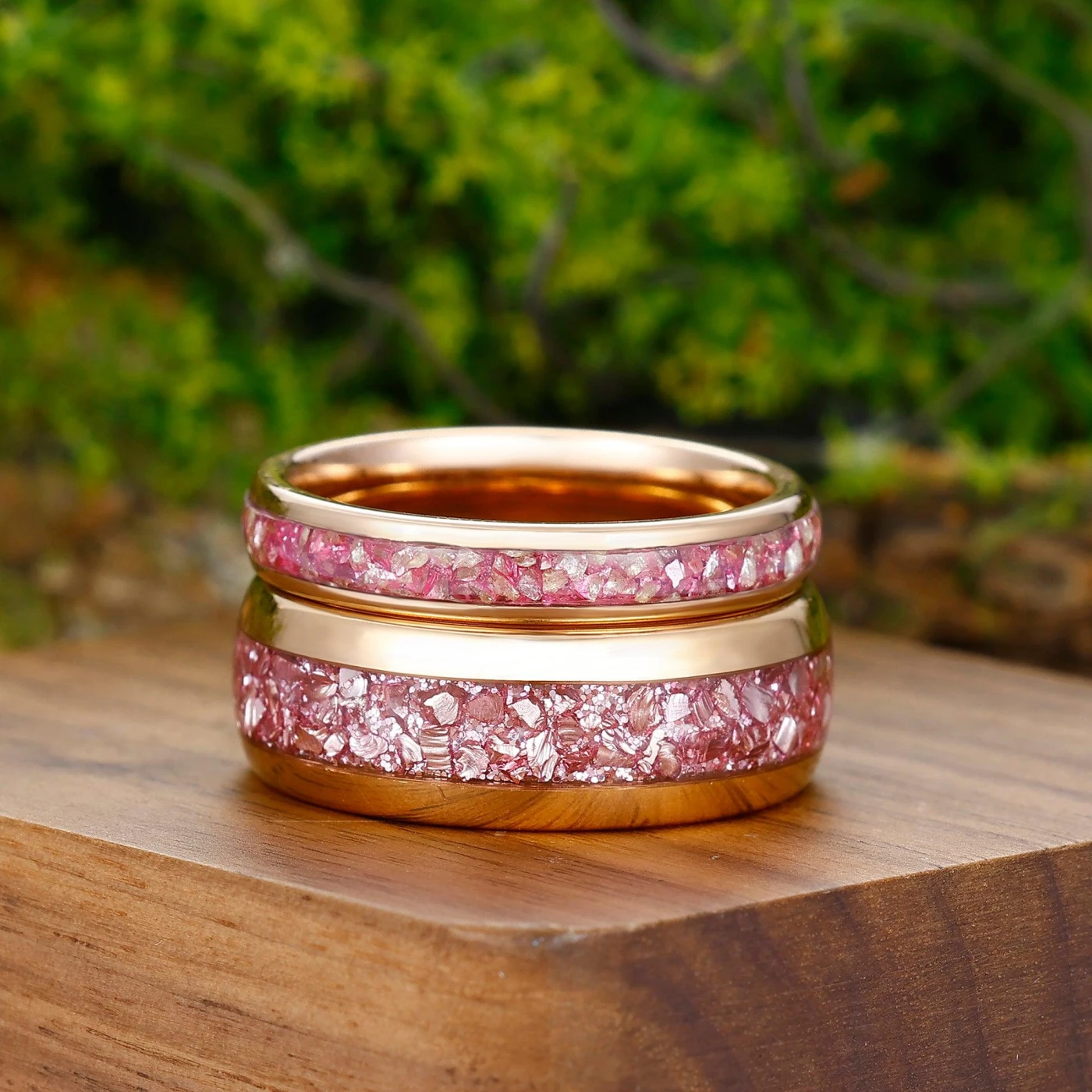 Pink Morganite Rose Gold Tungsten Couples Ring Set Polished Dome Matching Promise Rings - view 2