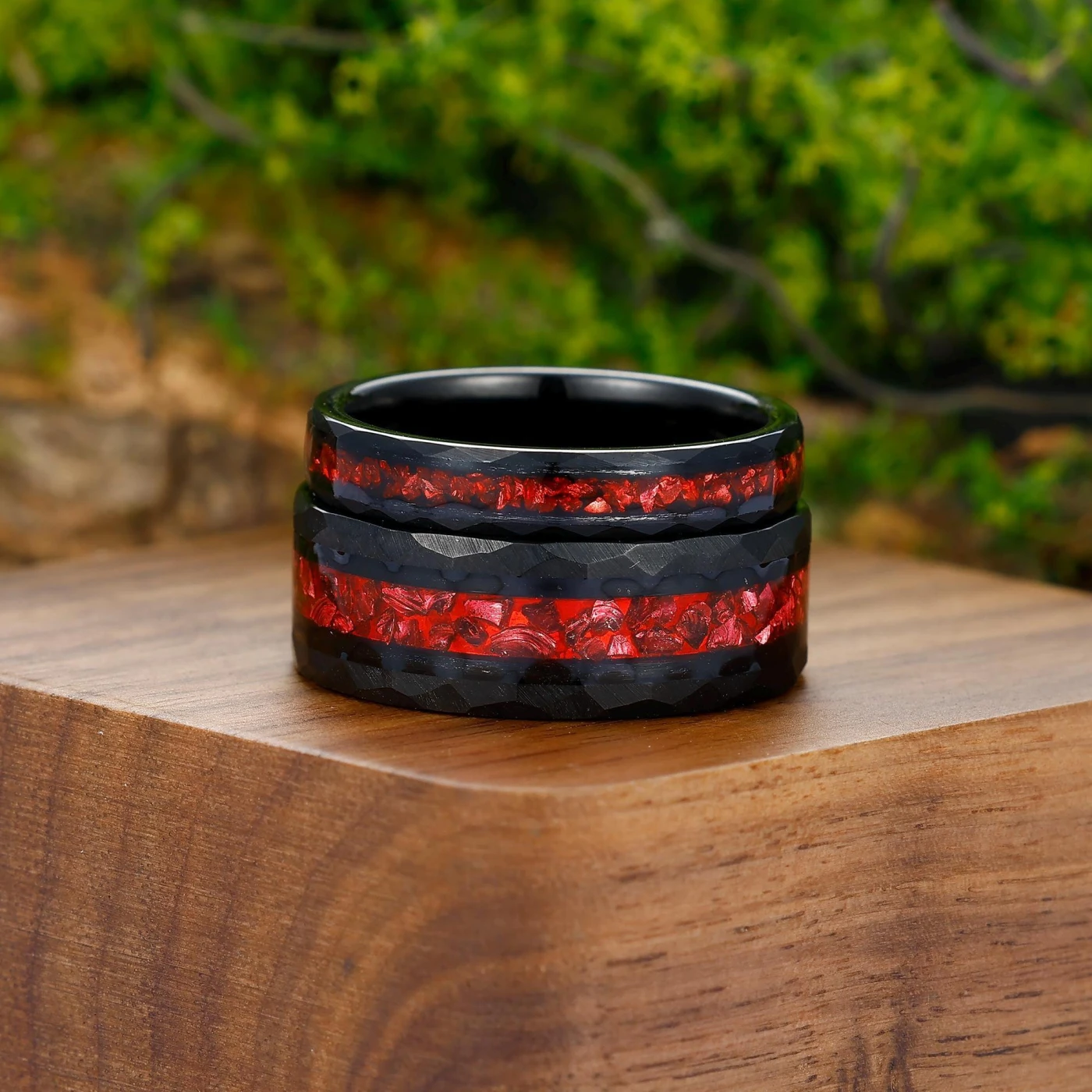 Crushed Red Ruby Tungsten Wedding Band Hammer Promise Couples Ring Set - view 4