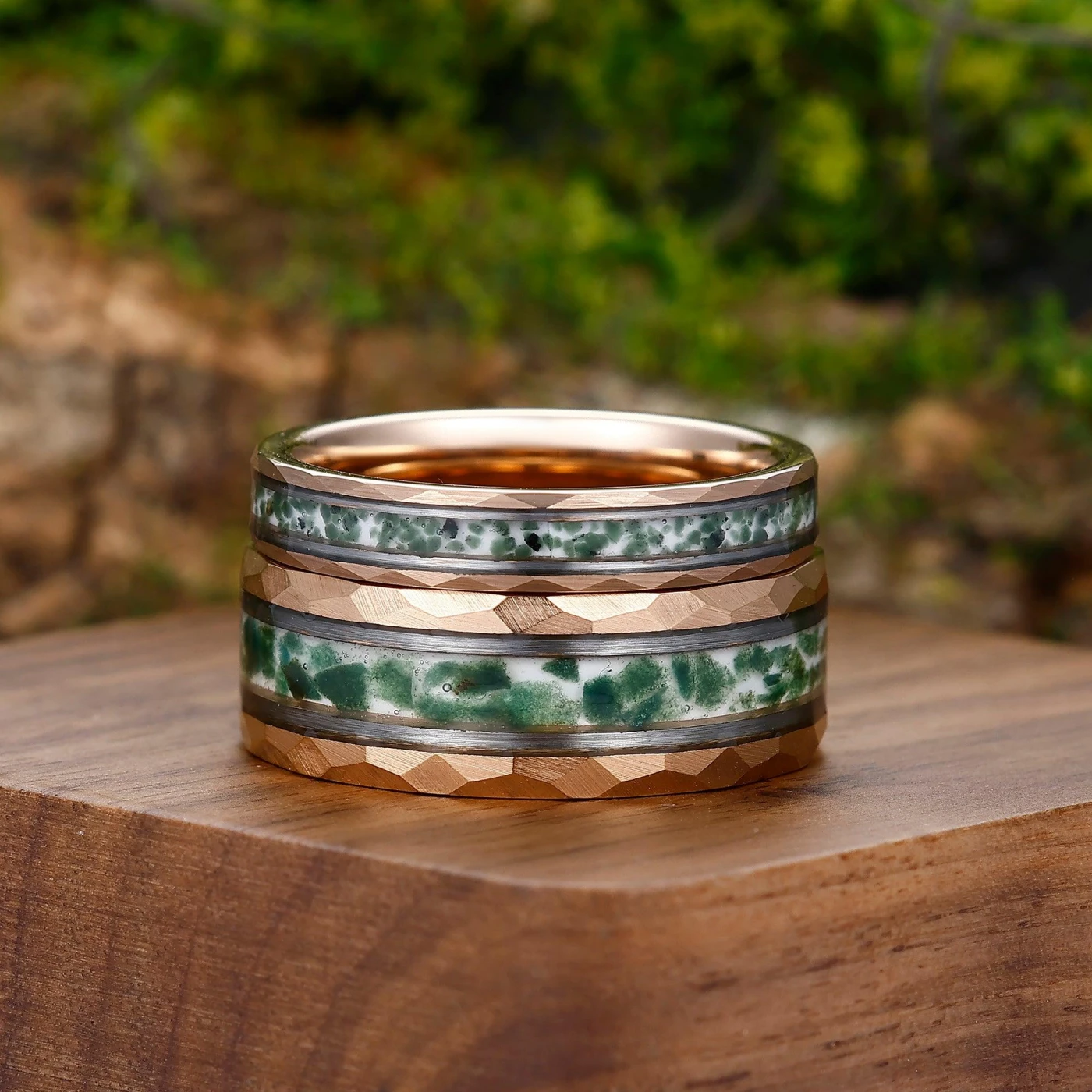 Moss Agate Tungsten His and Hers Wedding Band Rose Gold Plated Hammer Promise Ring Set - view 2