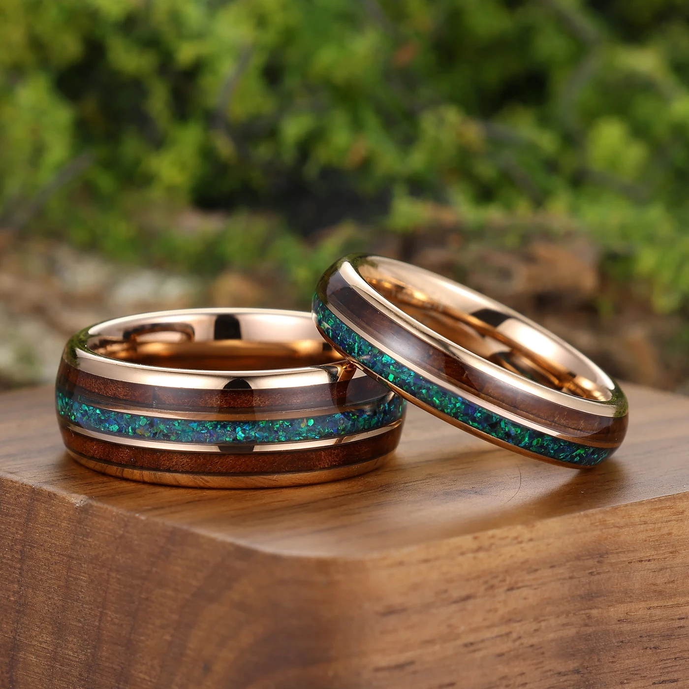 Polished Wood Peacock Green Opal Tungsten Couple Rings His And