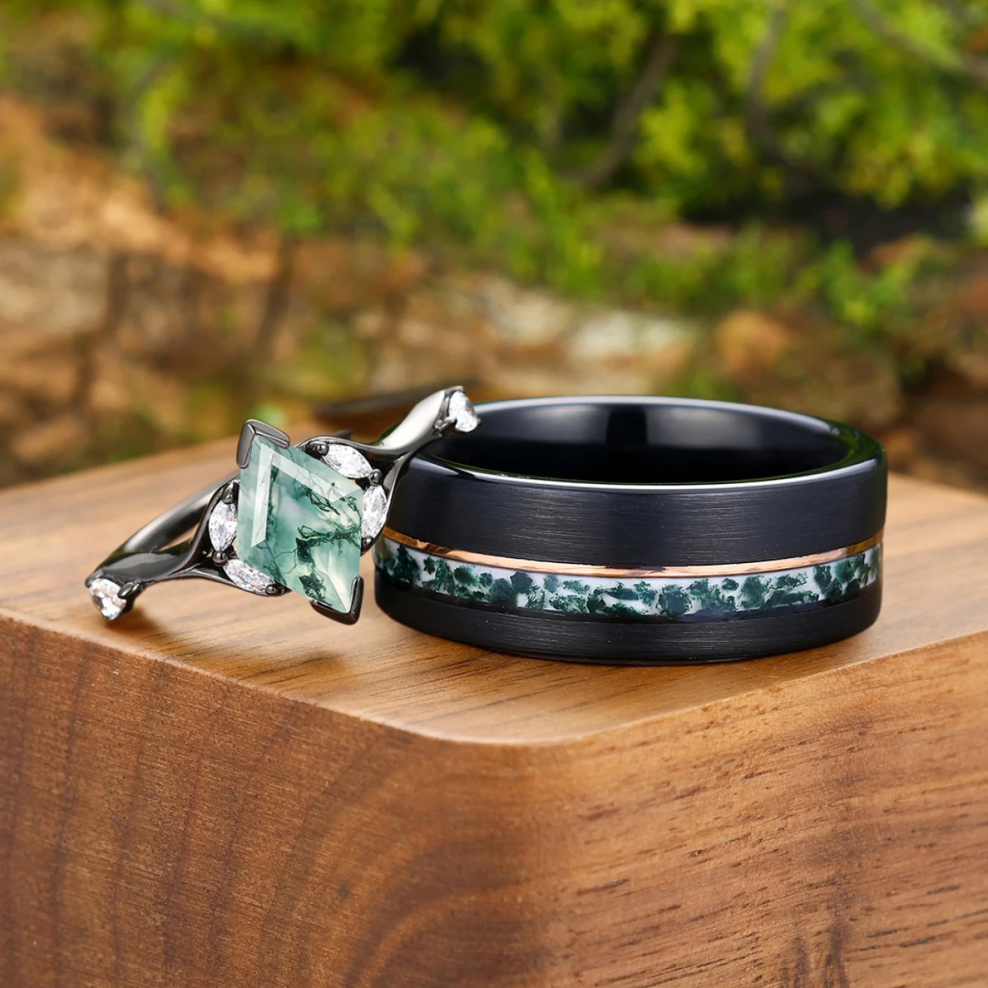 Art Deco Natural Moss Agate Engagement Couples Rings Matching