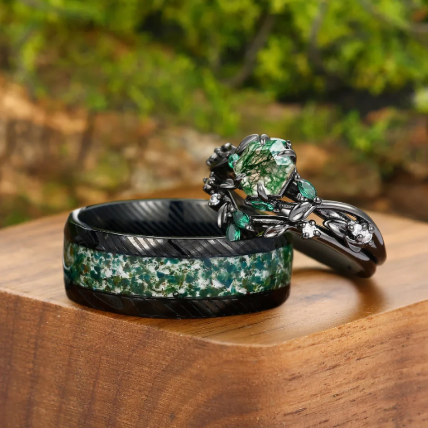 Exquisite Moss Agate Sprigs Engagement Couple Rings Set Promise Green Damascus Steel Matching Wedding Rings - view 2