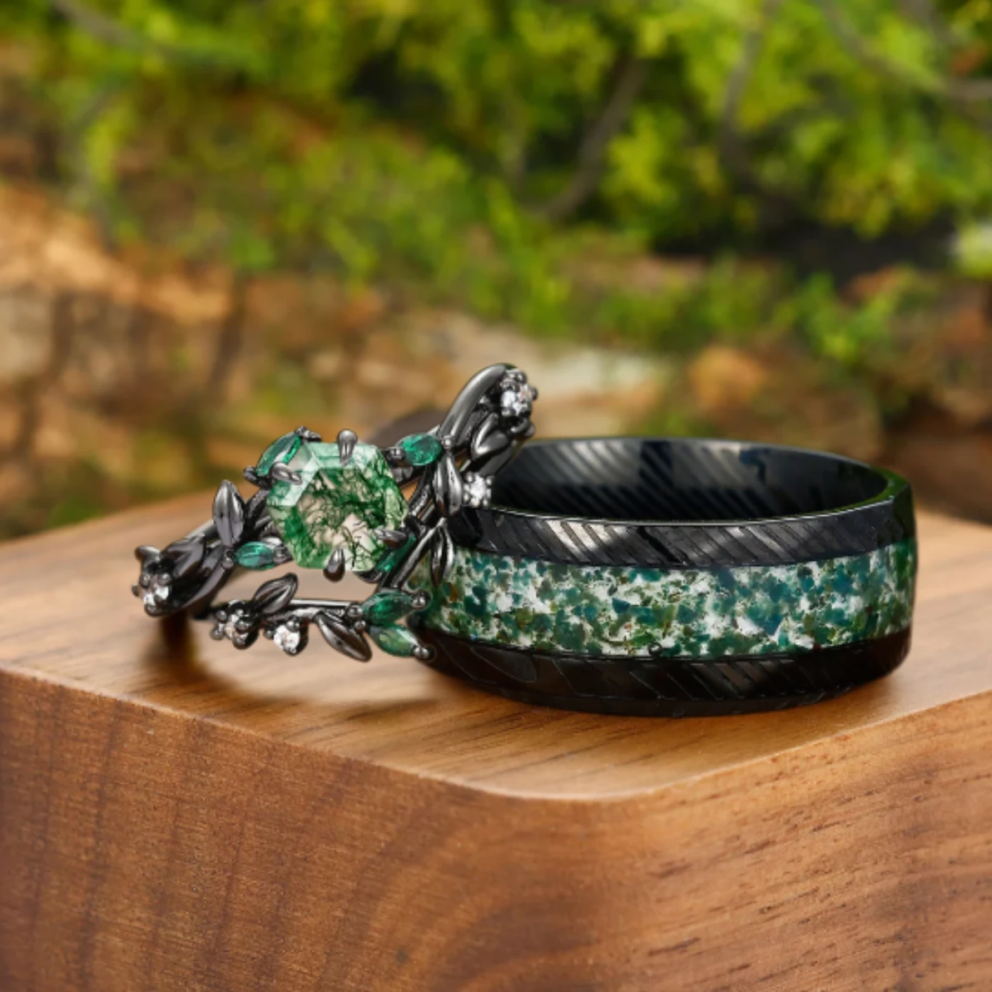 Exquisite Moss Agate Sprigs Engagement Couple Rings Set Promise