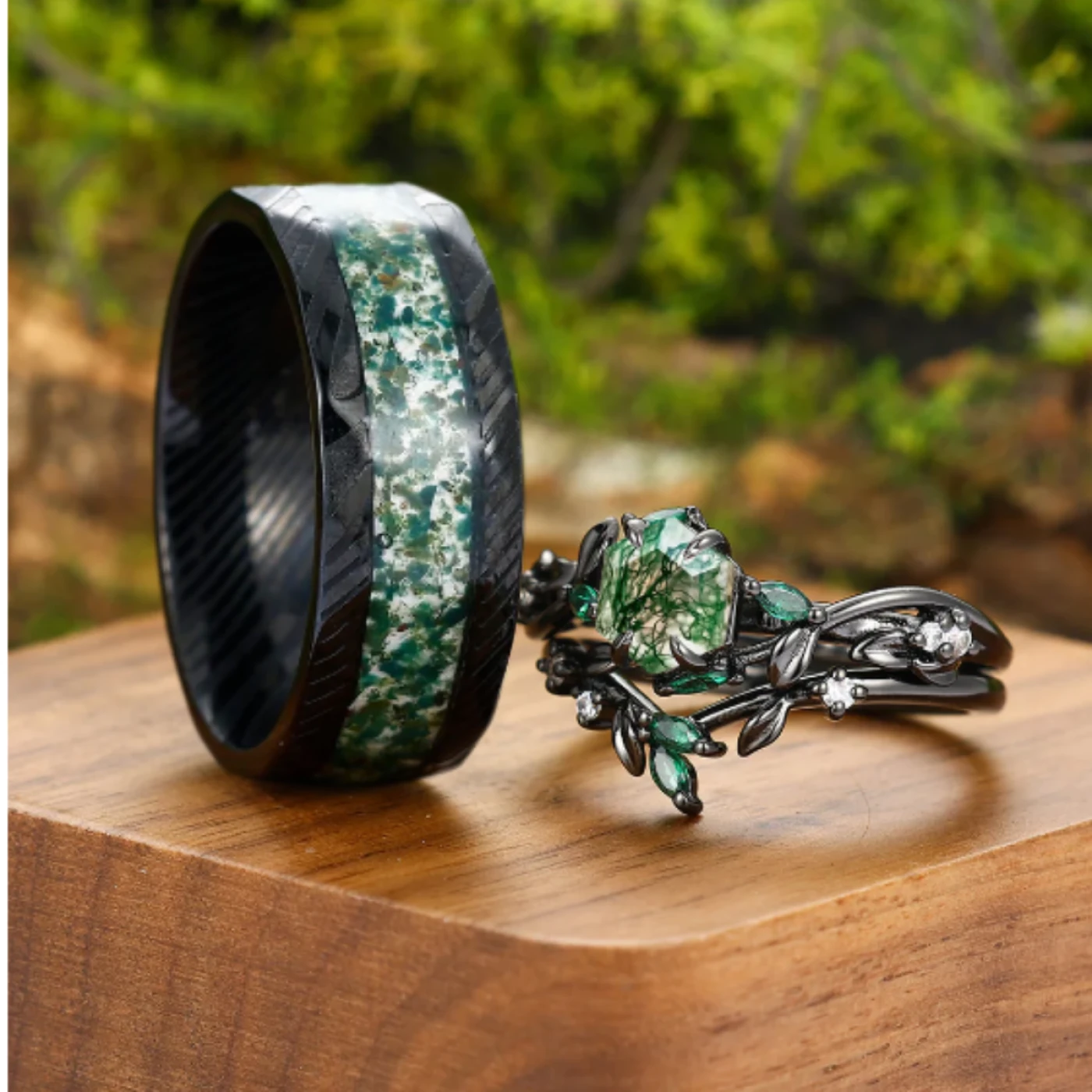 Exquisite Moss Agate Sprigs Engagement Couple Rings Set Promise Green Damascus Steel Matching Wedding Rings - view 3