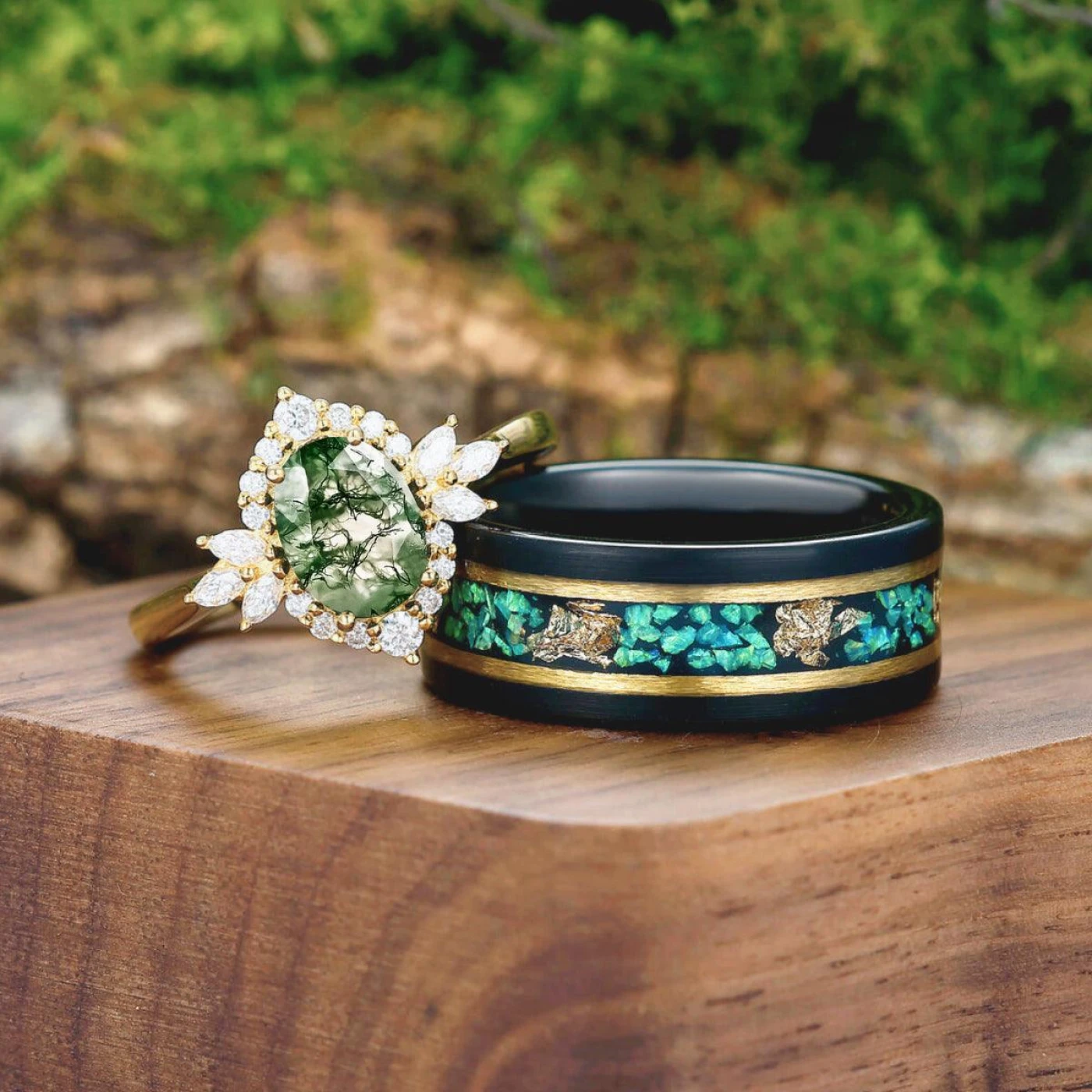 Exquisite Moss Agate Cluster His and Hers Wedding Ring Matching Couples Ring