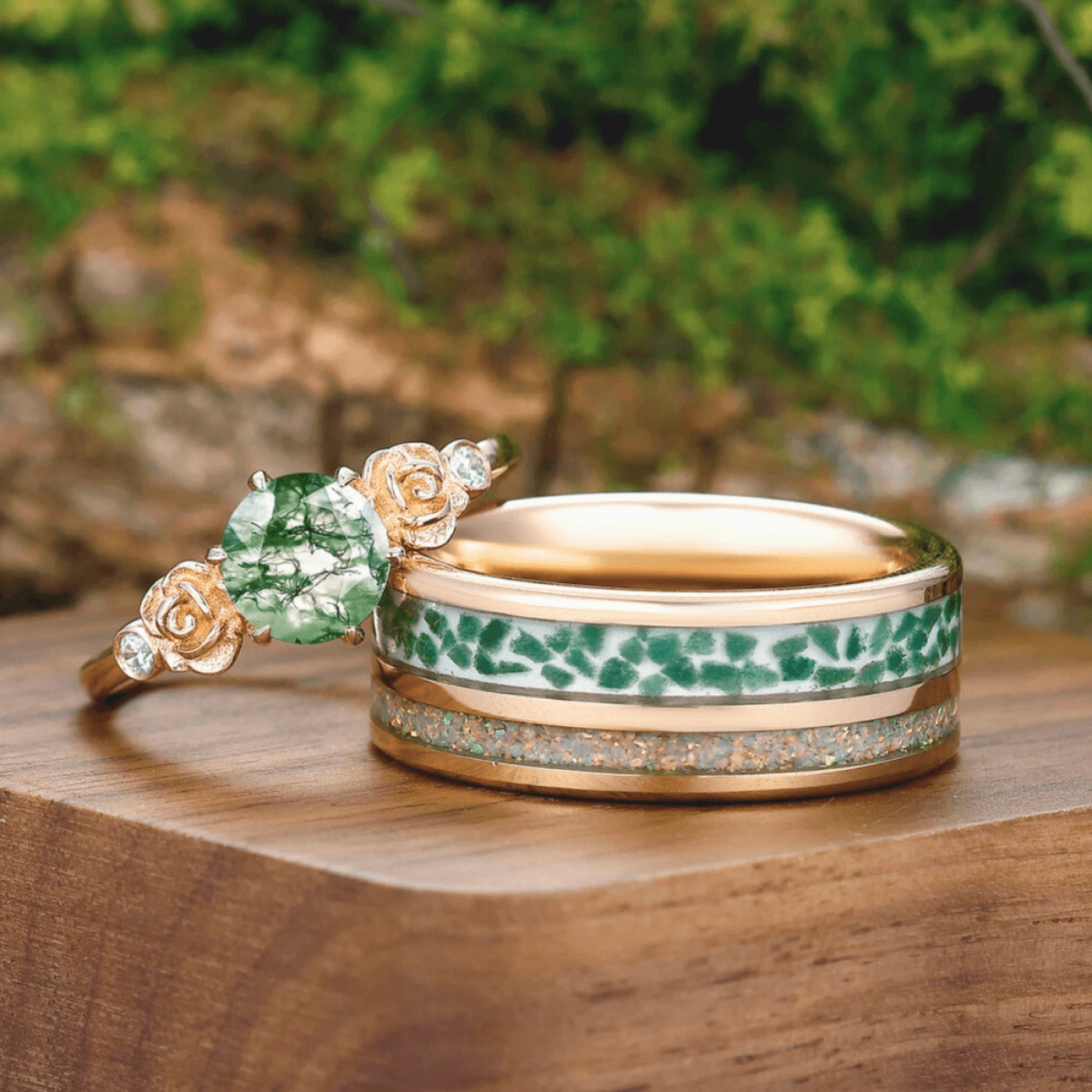 Art Deco Prongs Moss Agate Rose Shape Couples Gold Plated Ring Tungsten