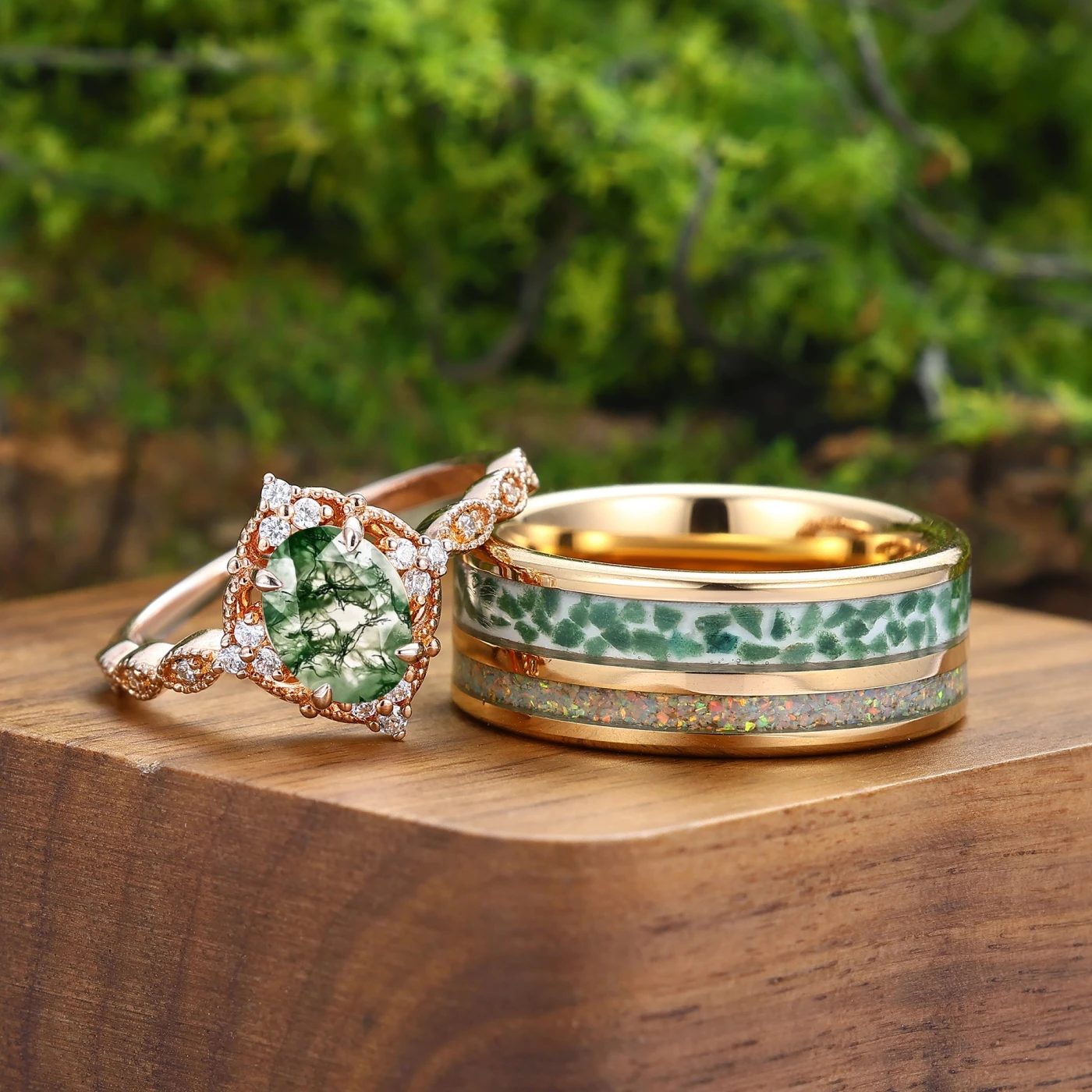 Classic 1.5CT Moss Agate Couples Ring Set Gold Plated Tungsten Matching Ring Set