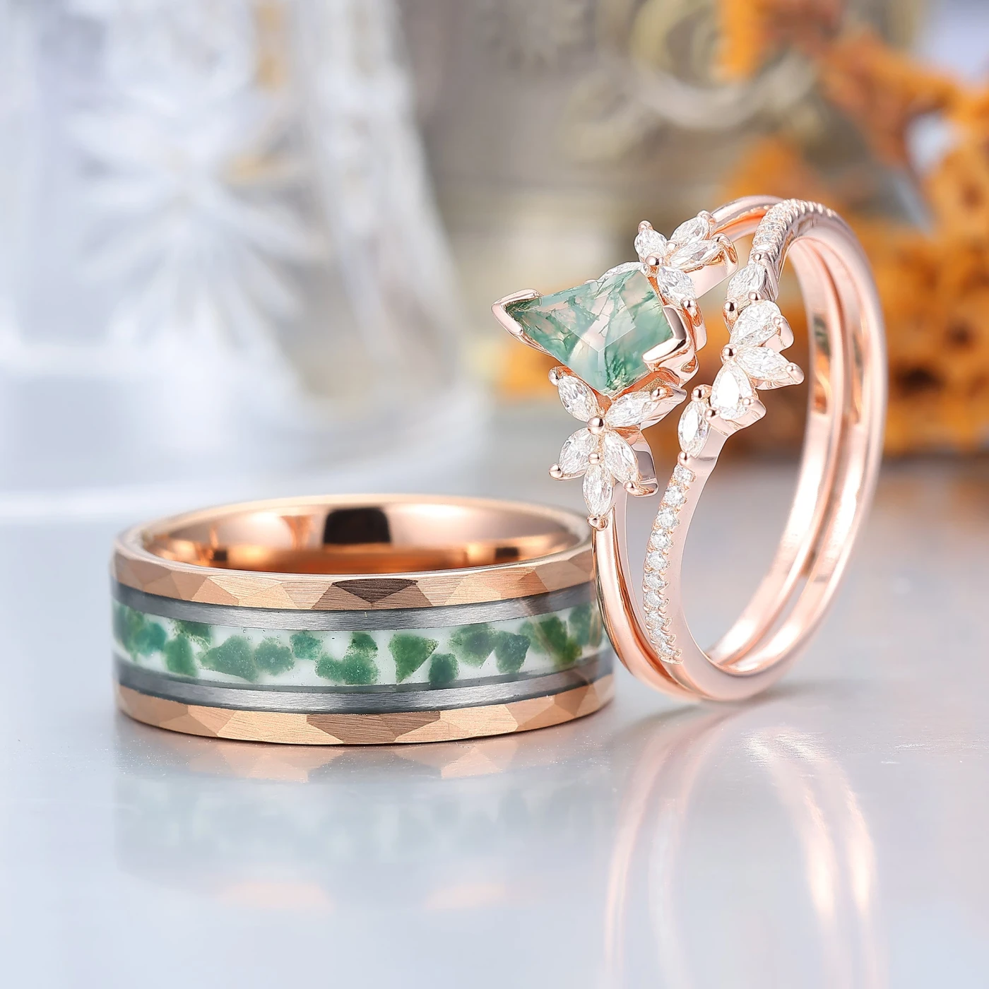 Noble Petal Kite Cut Moss Agate Ring Set 925 Sterling Silver And Tungsten Couples Ring - view 4