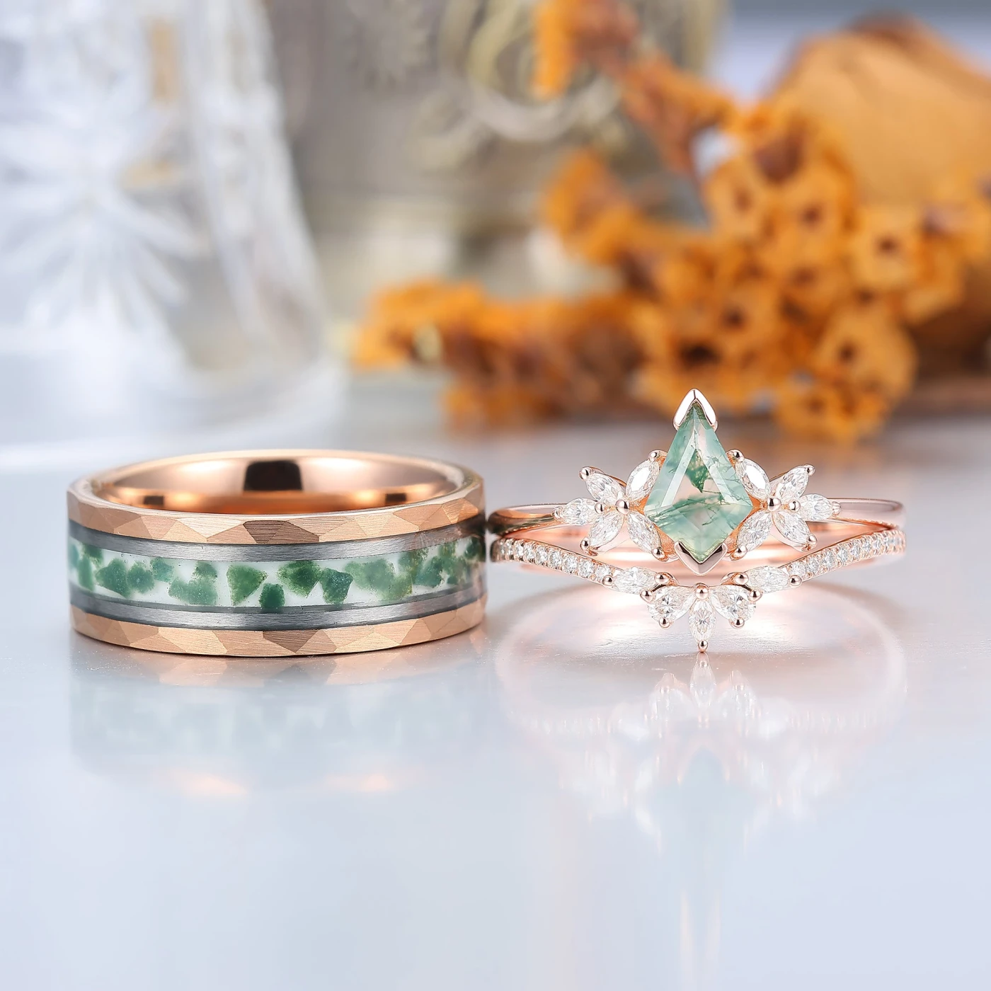 Noble Petal Kite Cut Moss Agate Ring Set 925 Sterling Silver And