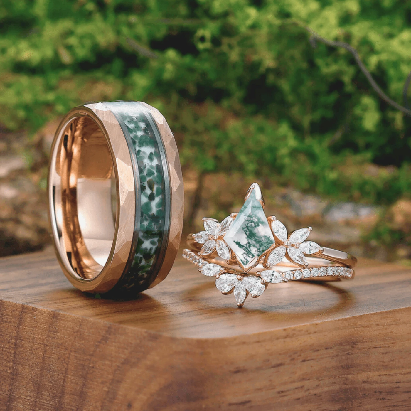 Noble Petal Kite Cut Moss Agate Ring Set 925 Sterling Silver And Tungsten Couples Ring - view 10