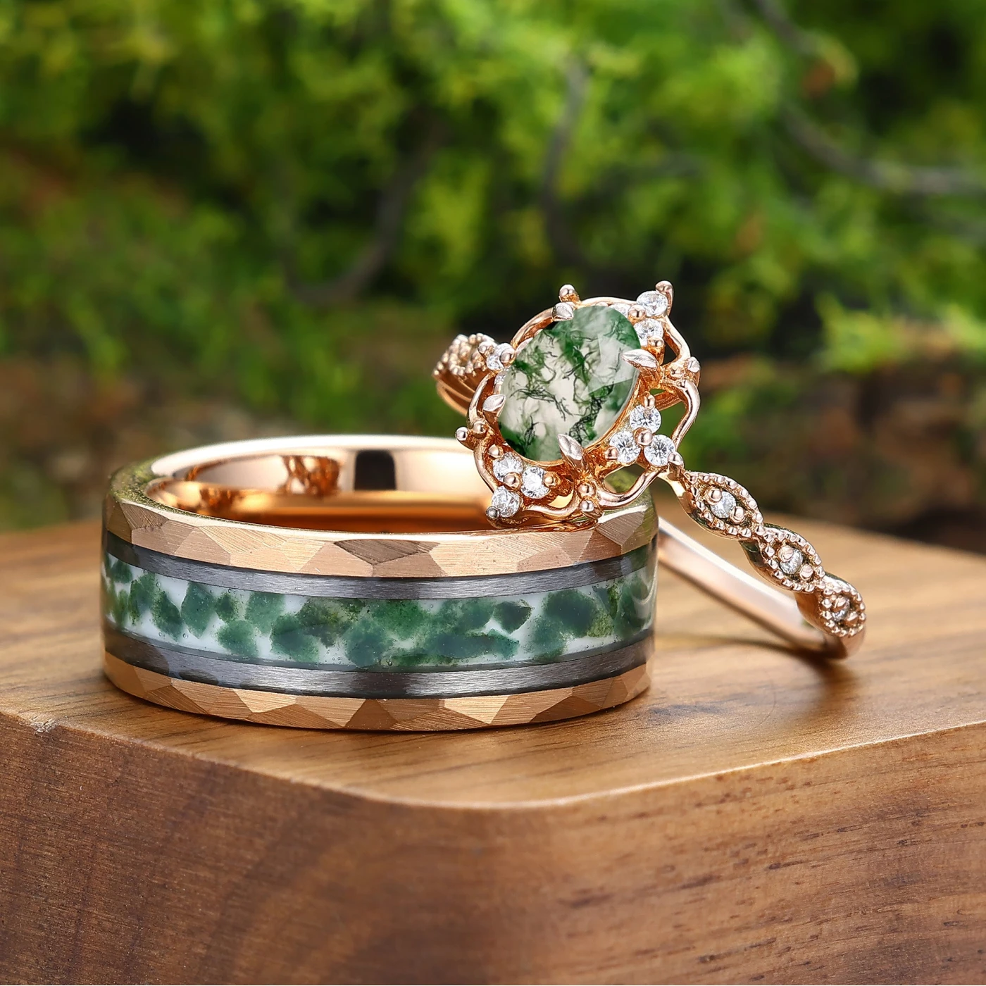 Antique Natural Moss Agate Floral Ring Matching Hammered Tungsten Couples Ring Set - view 3