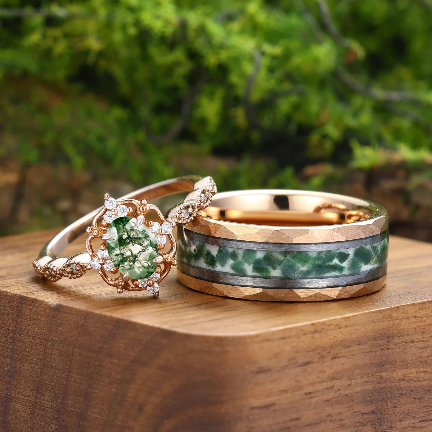 Antique Natural Moss Agate Floral Ring Matching Hammered Tungsten Couples Ring Set