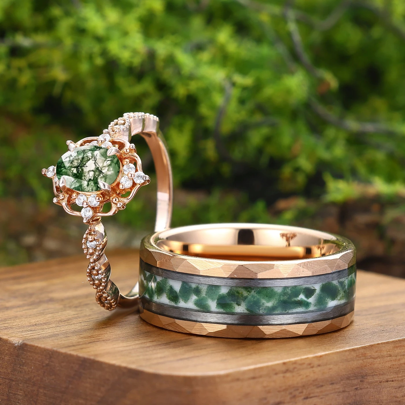 Antique Natural Moss Agate Floral Ring Matching Hammered Tungsten Couples Ring Set - view 4