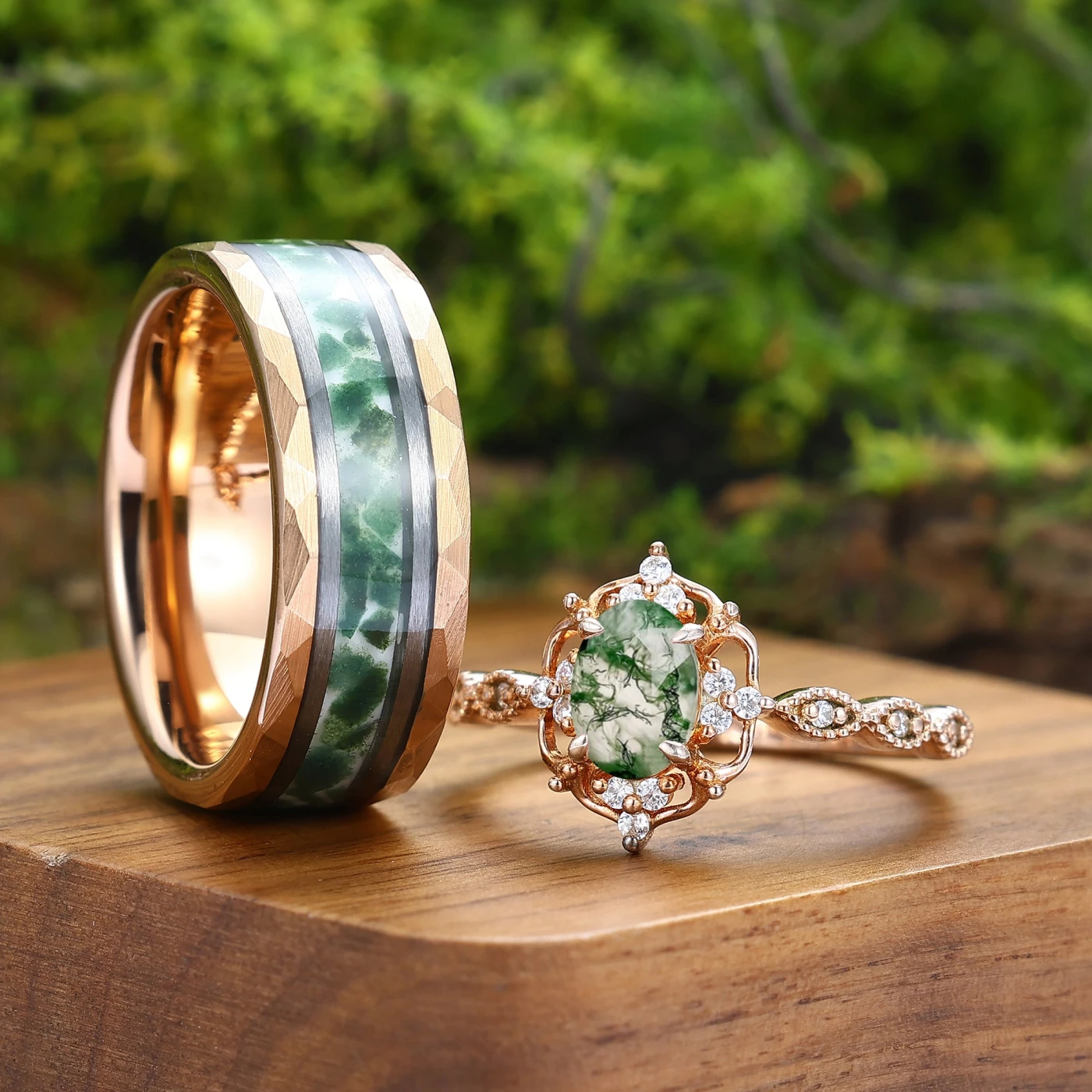 Antique Natural Moss Agate Floral Ring Matching Hammered Tungsten Couples Ring Set - view 2