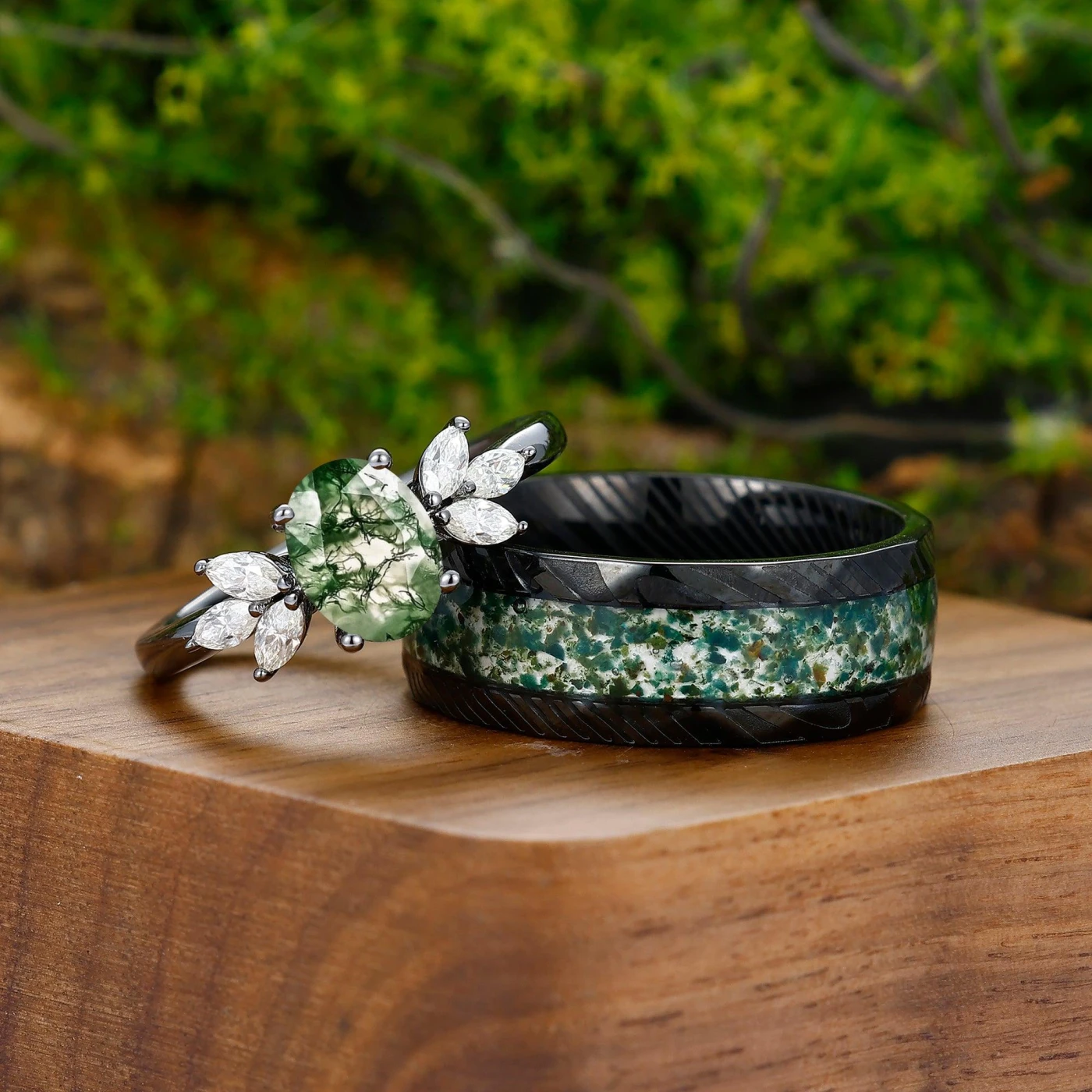 Unique 1.5CT Oval Cut Natural Moss Agate Engagement His And Hers Matching Ring