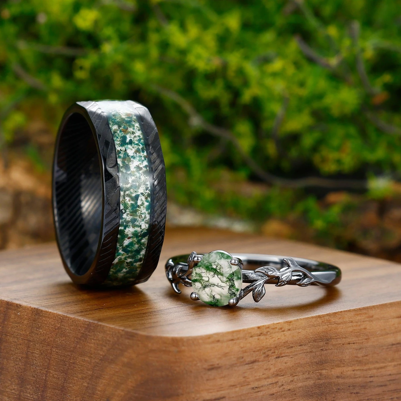 Solitaire 0.8CT Round Cut Moss Agate Couples Ring Set Silver And Damascus Steel Matching Ring - view 4
