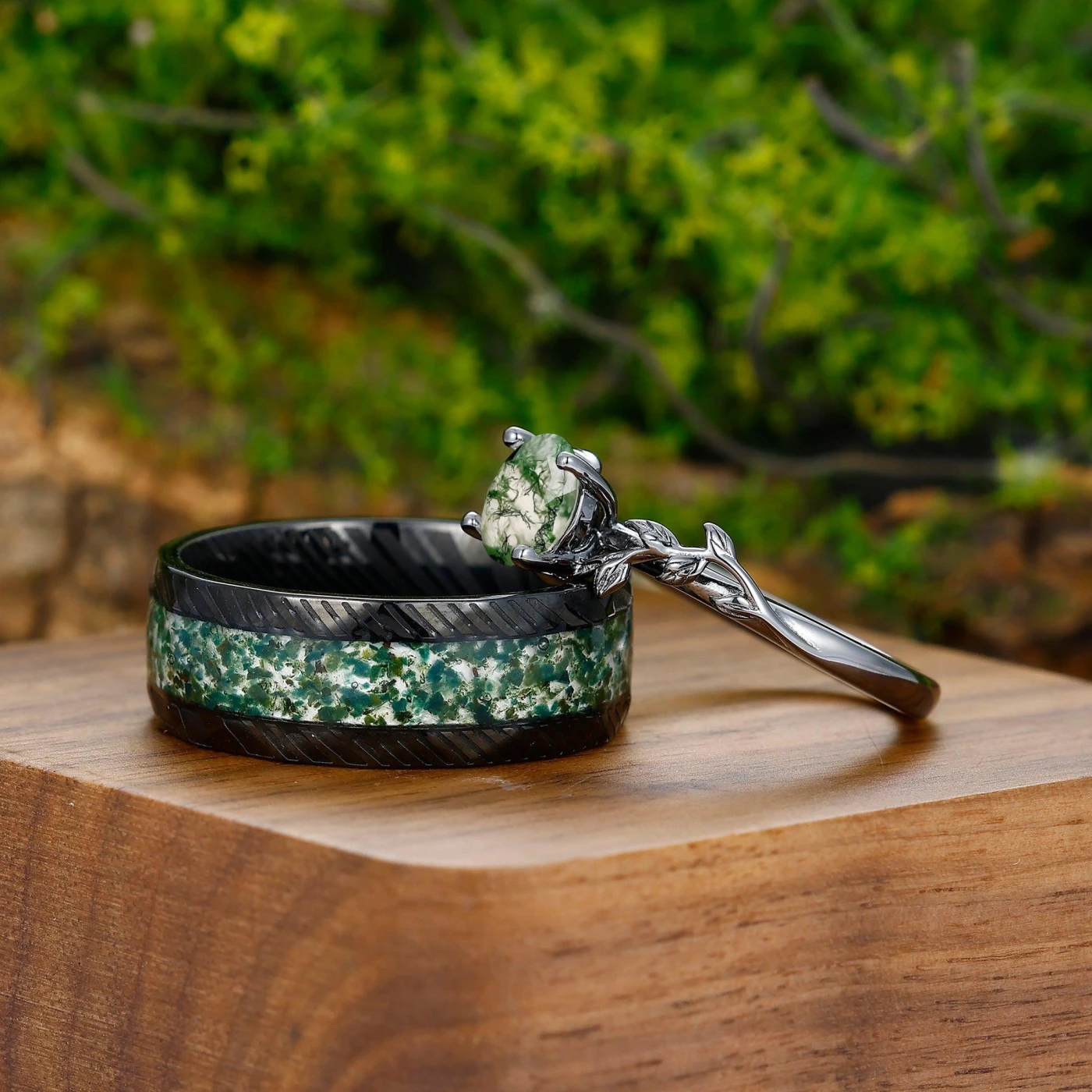 Solitaire 0.8CT Round Cut Moss Agate Couples Ring Set Silver And Damascus Steel Matching Ring - view 3