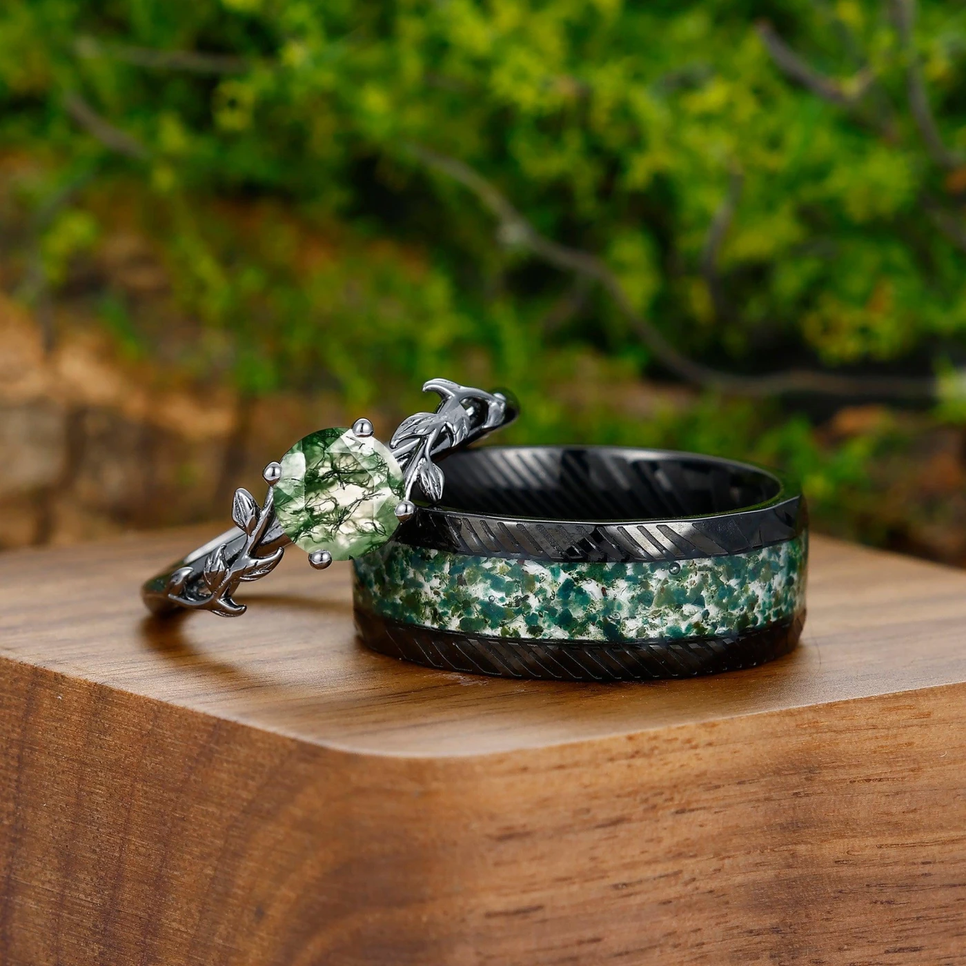 Solitaire 0.8CT Round Cut Moss Agate Couples Ring Set Silver And