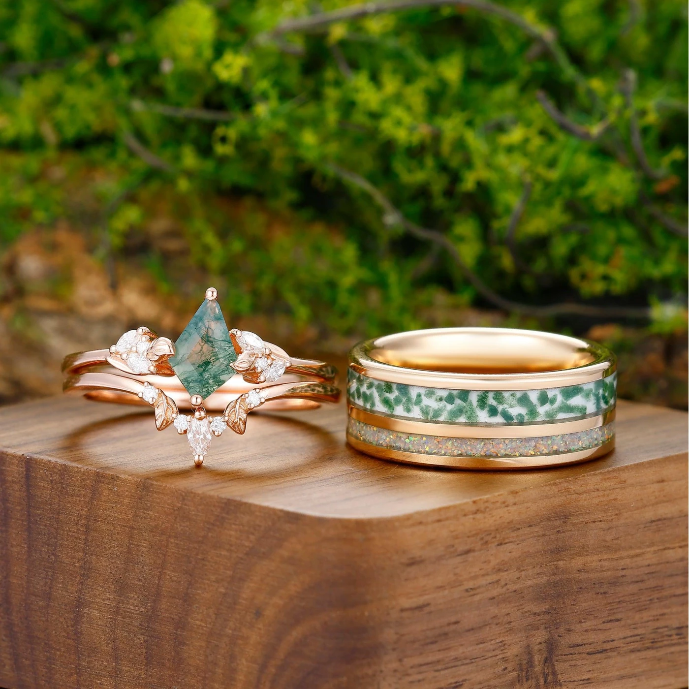1.35CT Kite Cut Moss Agate Couples Ring Set 925 Silver And Opal
