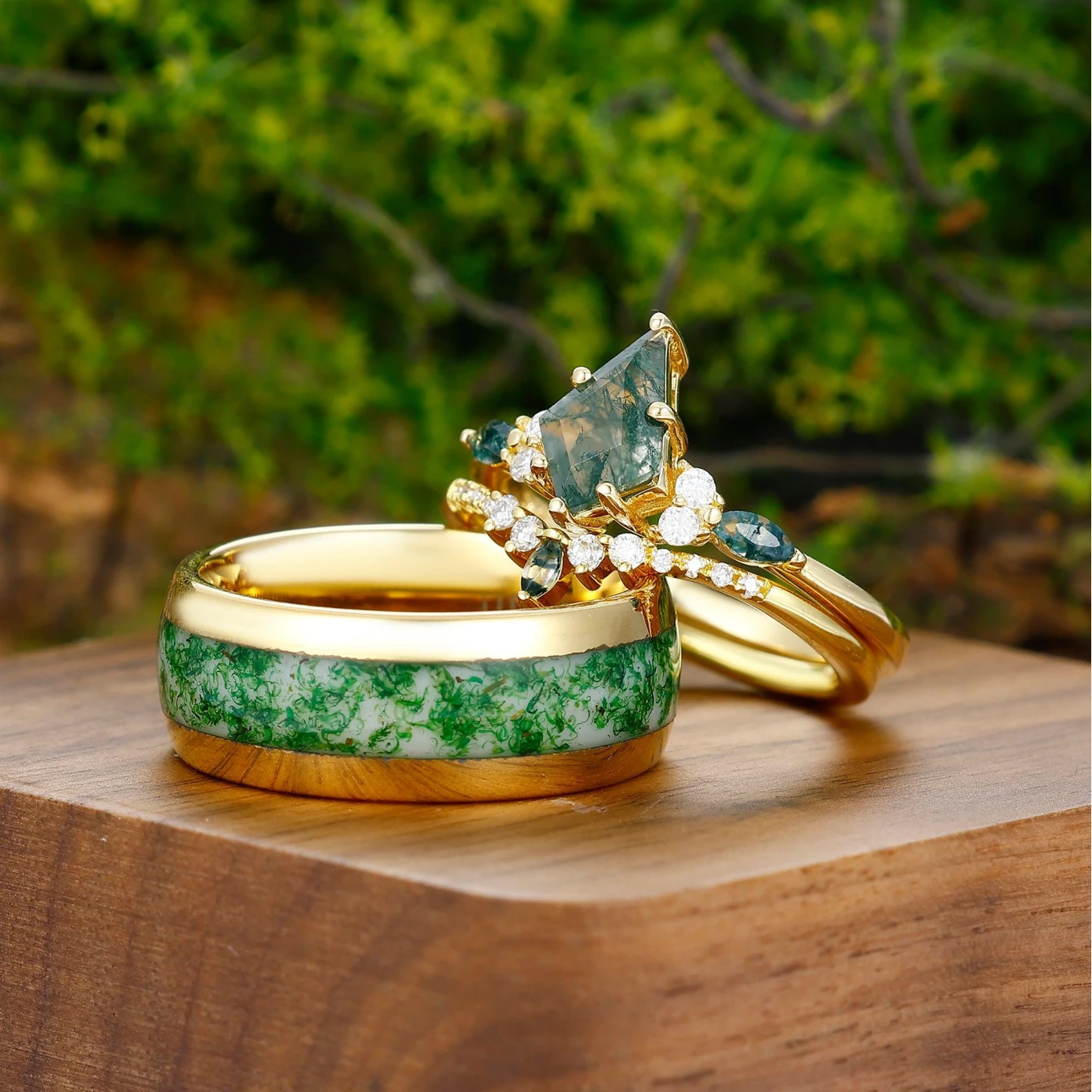Vintage Kite Cut Moss Agate Couples Ring Set 925 Sterling Silver And Tungsten Steel Inlaid Agate Matching Ring - view 2