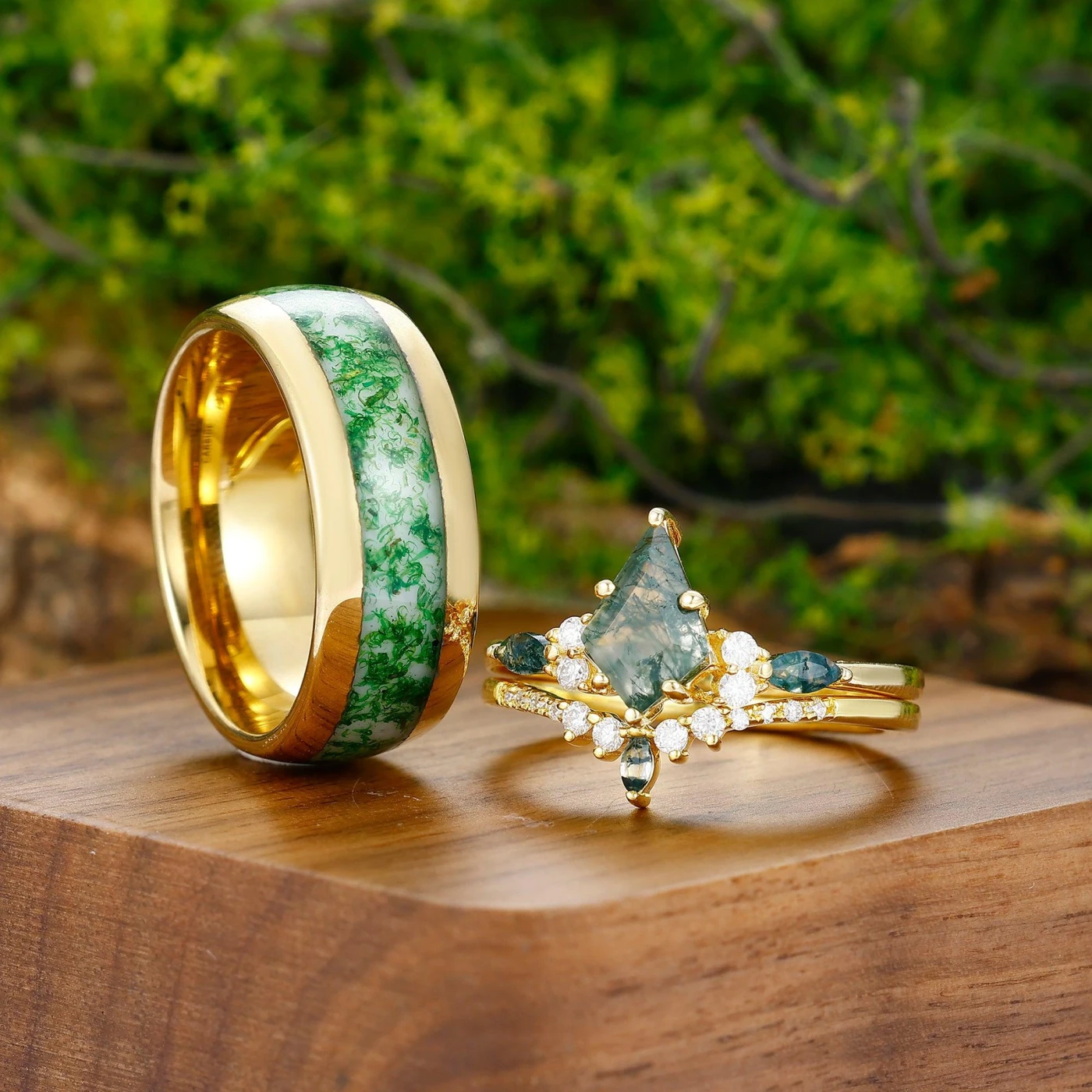 Vintage Kite Cut Moss Agate Couples Ring Set 925 Sterling Silver