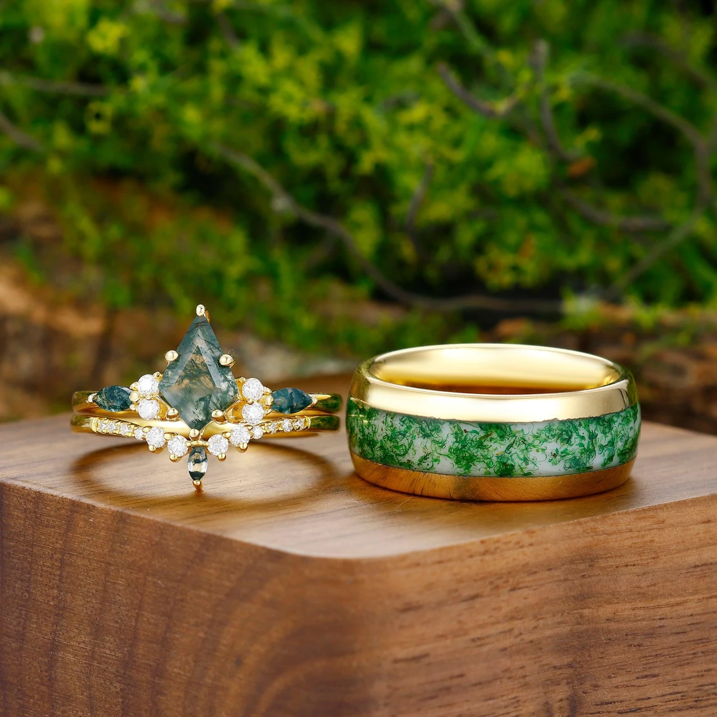 Vintage Kite Cut Moss Agate Couples Ring Set 925 Sterling Silver And Tungsten Steel Inlaid Agate Matching Ring - view 3