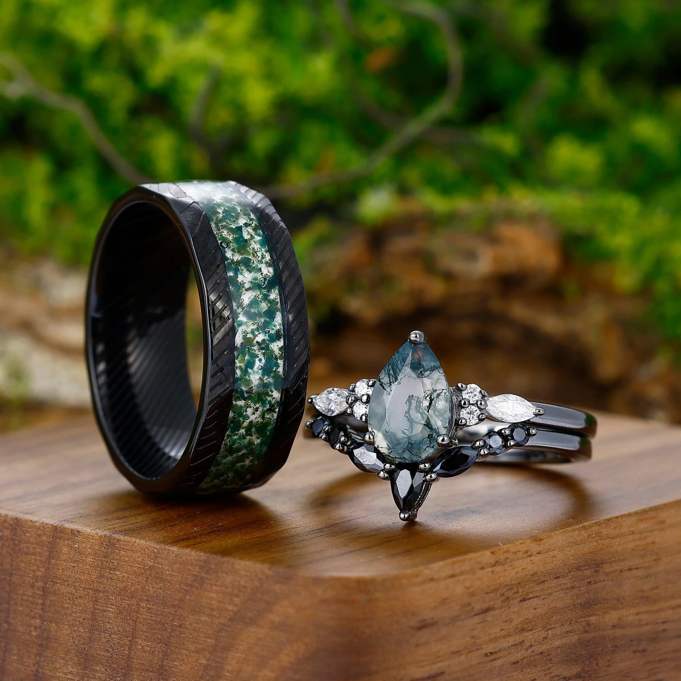 Unique Pear Green Moss Agate Ring Set For Couples His and Hers
