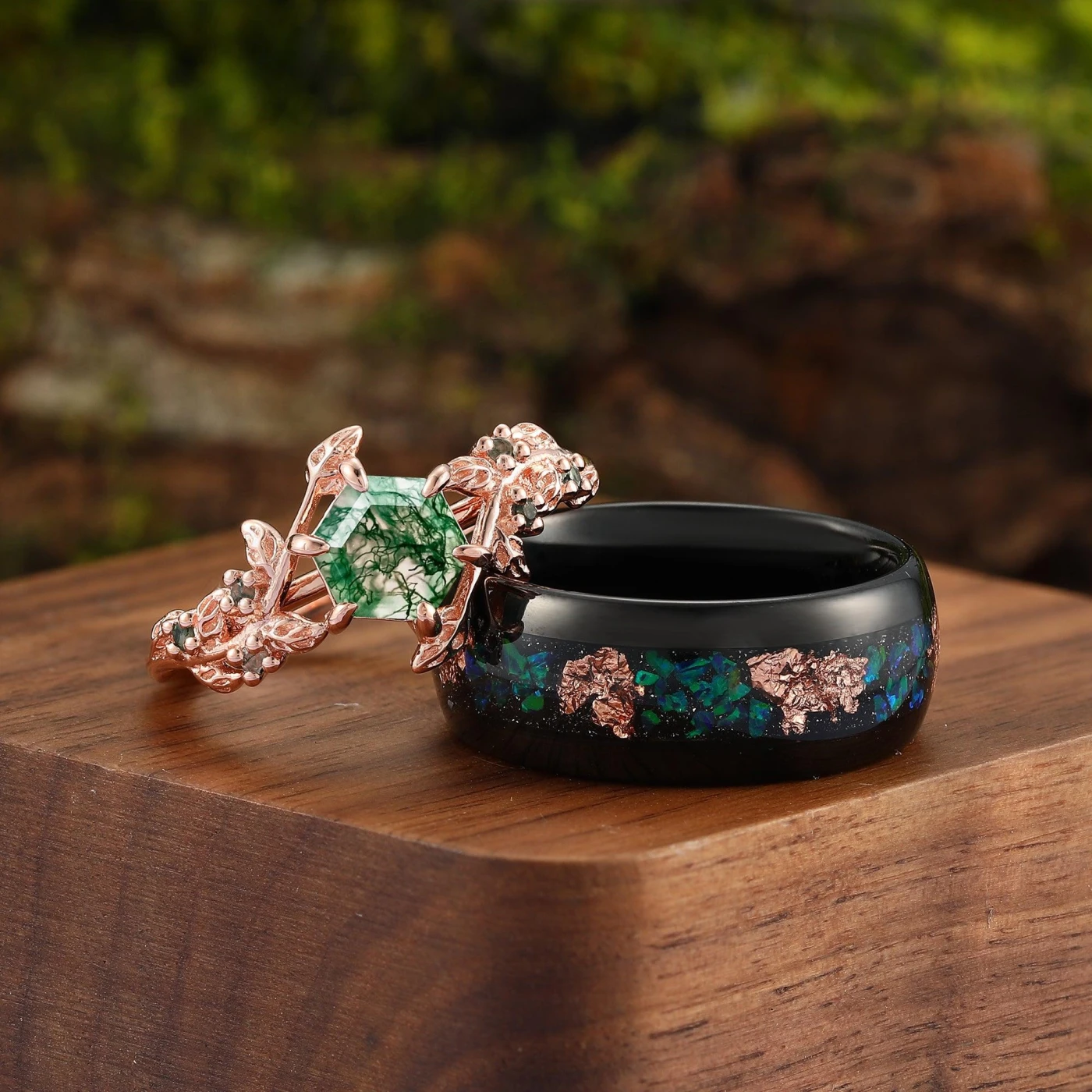 Vintage Hexagon Cut Moss Agate His and Hers Wedding Band Peacock